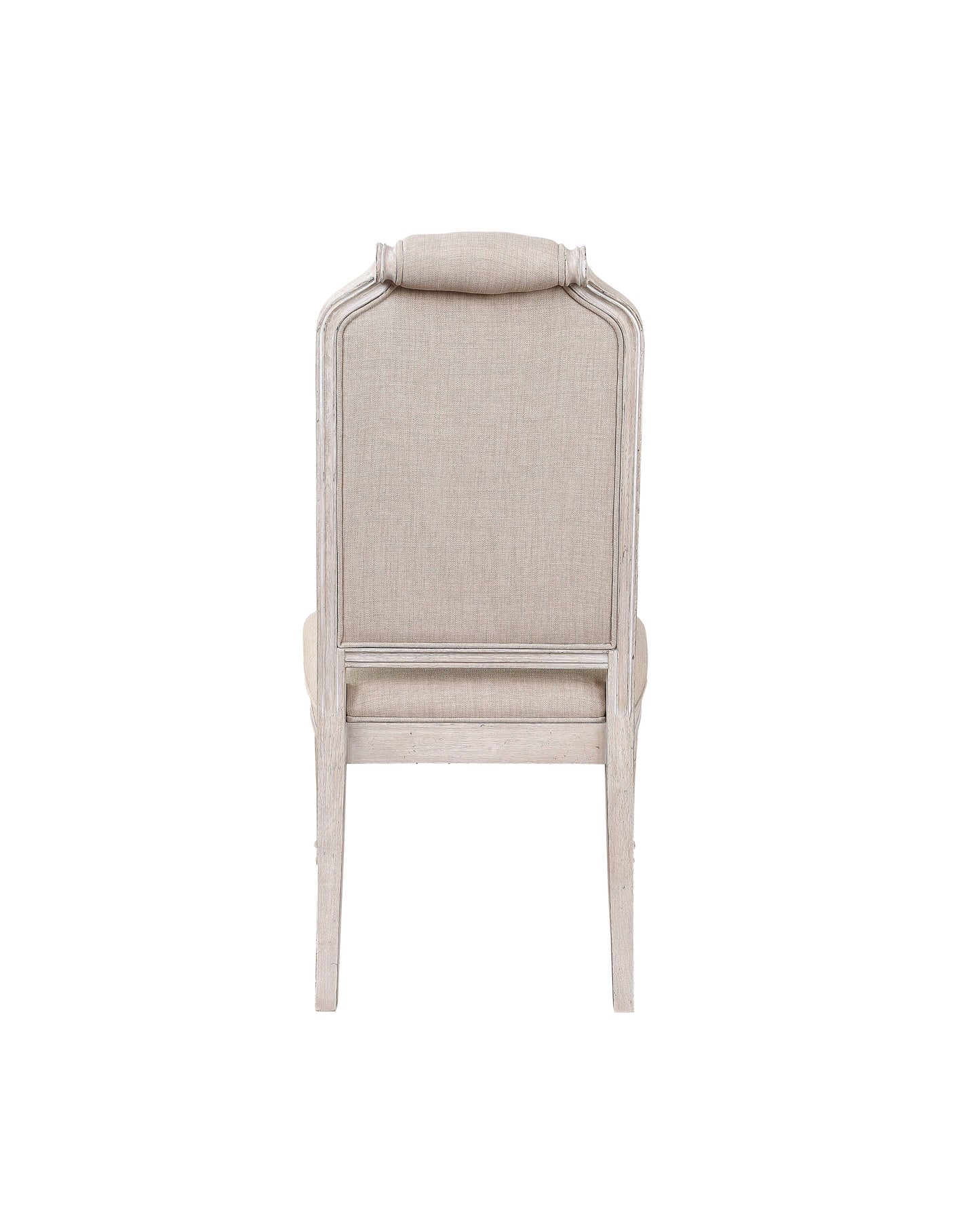 Distressed white wood accent chair with light beige upholstered back and seat