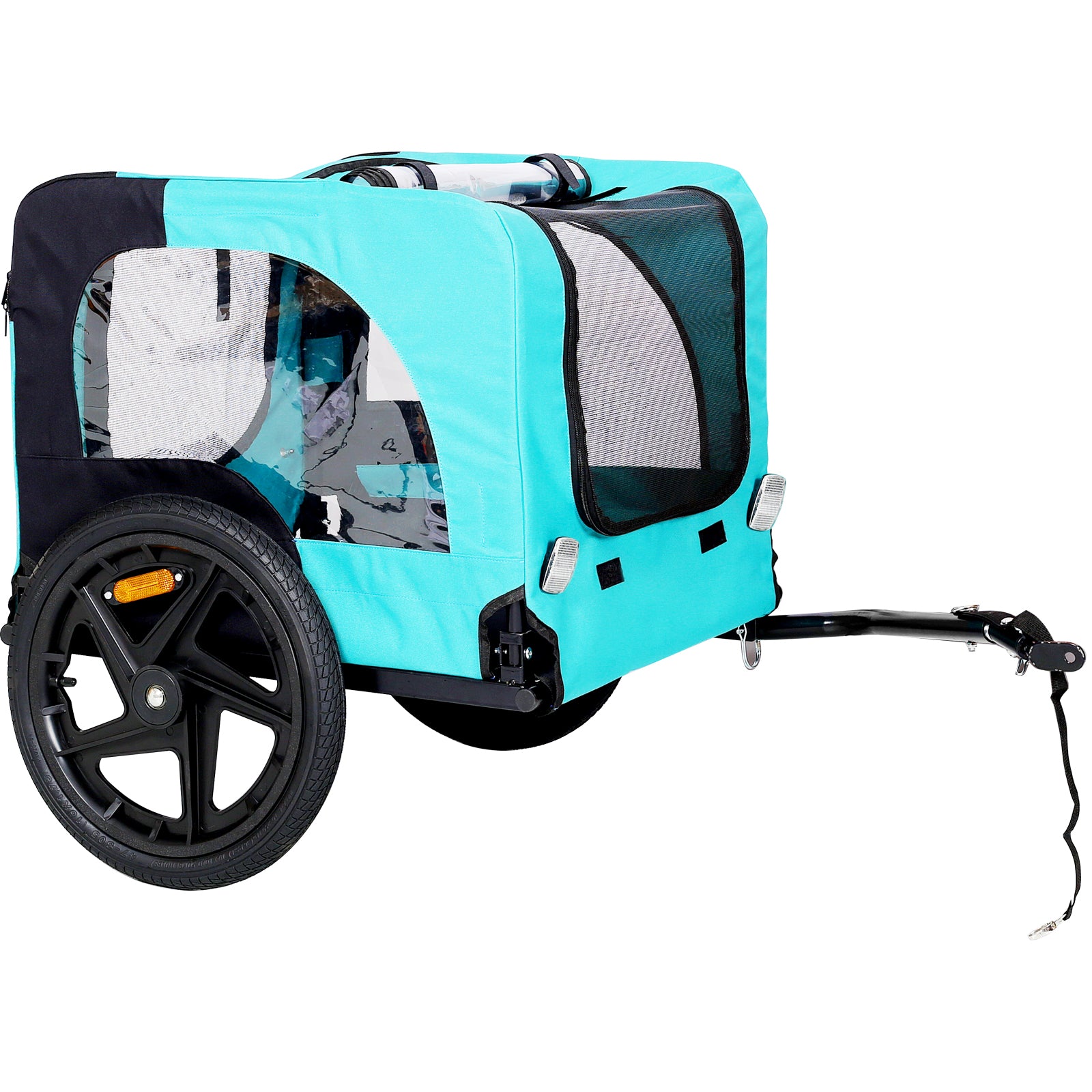 Aqua blue fabric pet stroller with mesh windows and large black wheels for comfortable travel