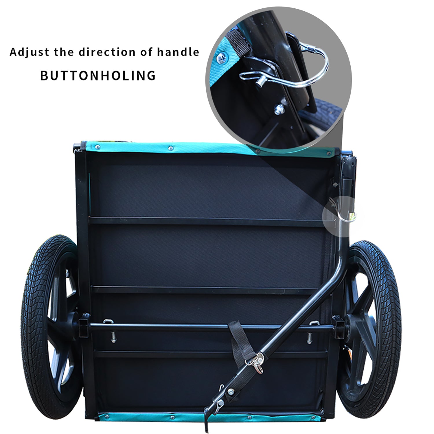 Black cargo trailer with large wheels showing a closeup of the adjustable handle mechanism