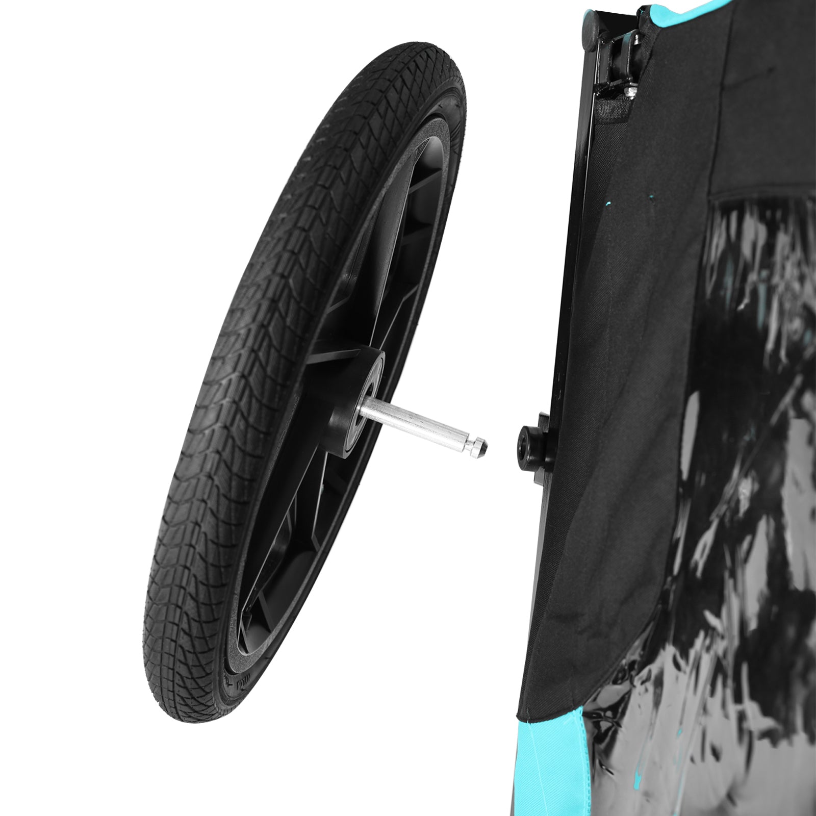 Black bike trailer wheel with textured tire ready to attach to stroller