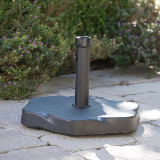 Dark grey patio umbrella base sturdy resin construction designed for outdoor stability