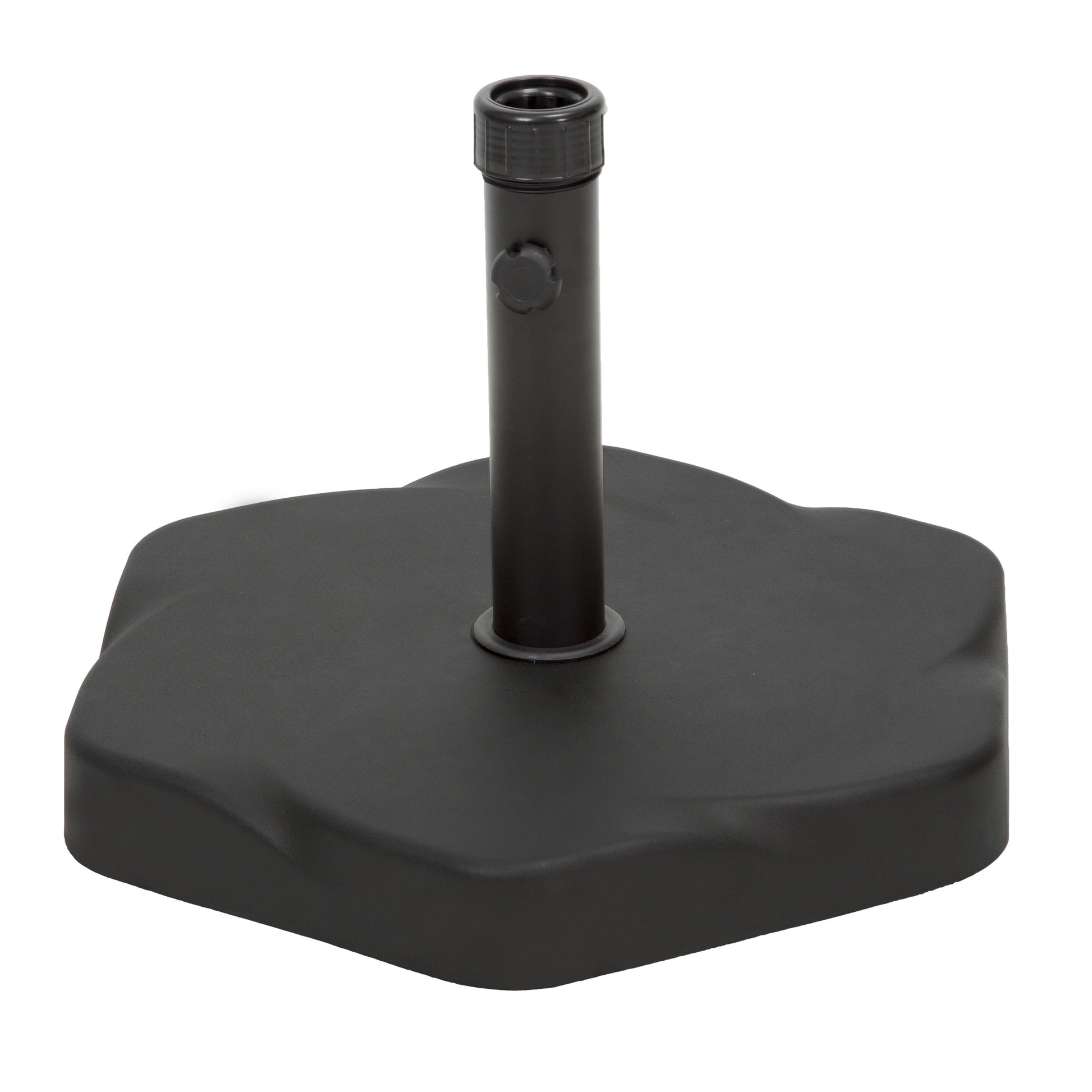 Black weighted patio umbrella base with adjustable pole holder for outdoor stability