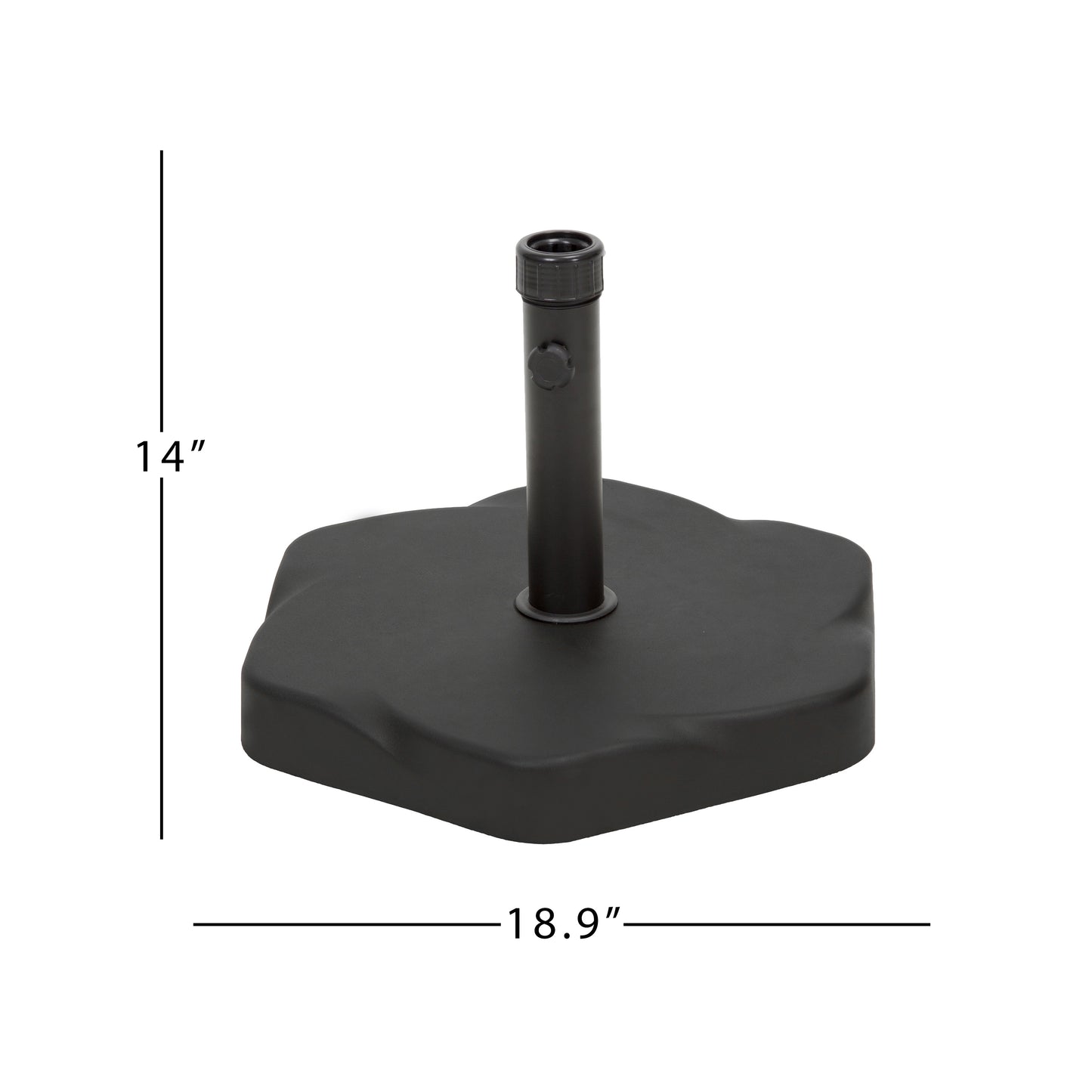 Black resin umbrella base with uneven organic shape for patio stability