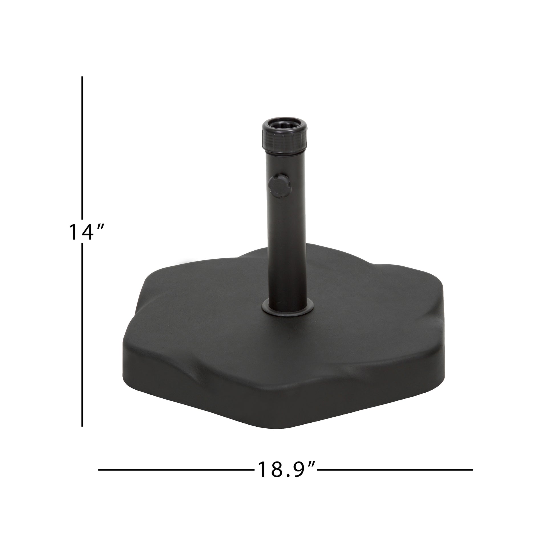 Black resin umbrella base with uneven organic shape for patio stability