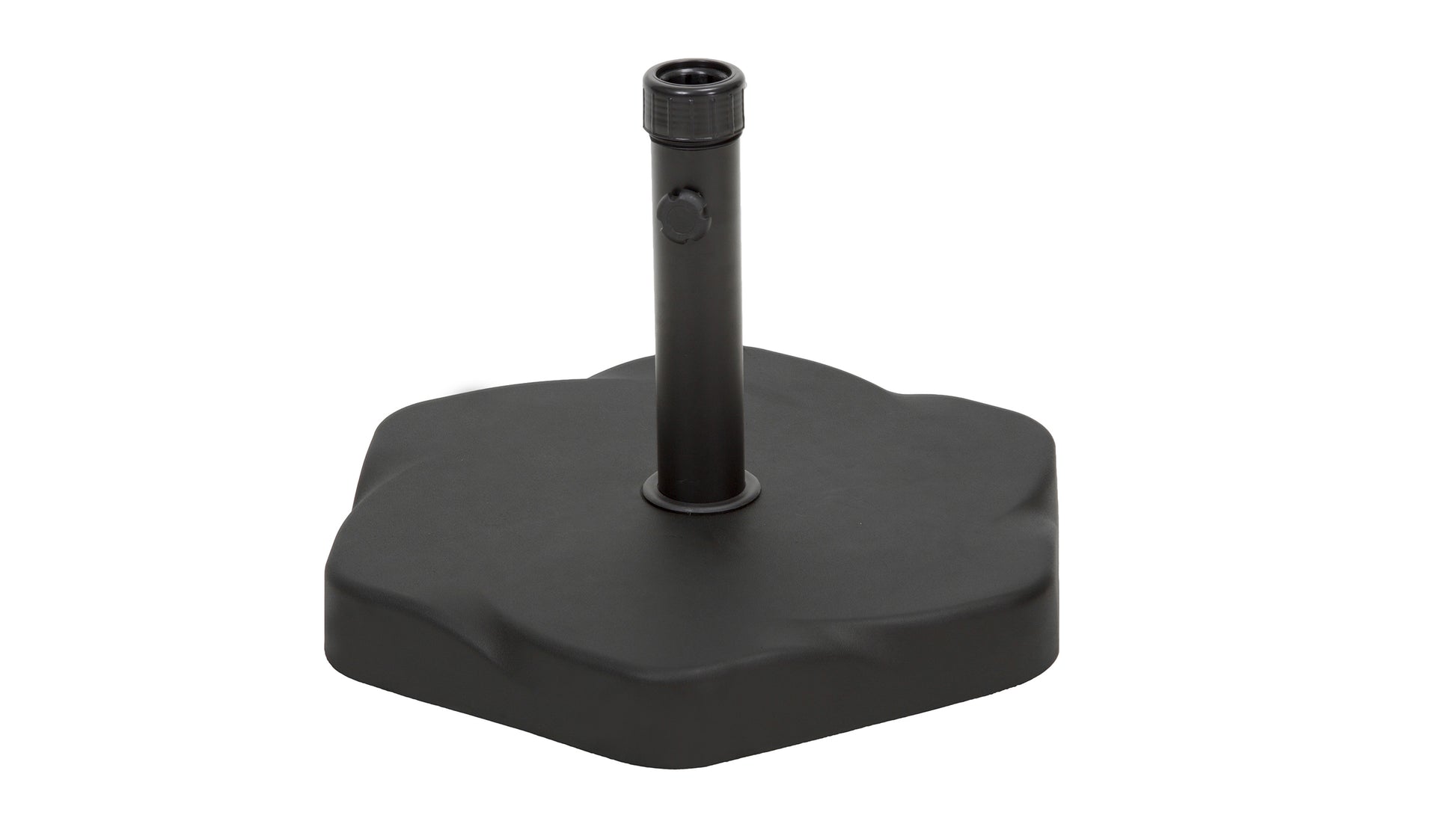 Black patio umbrella stand with adjustable knob and central pole