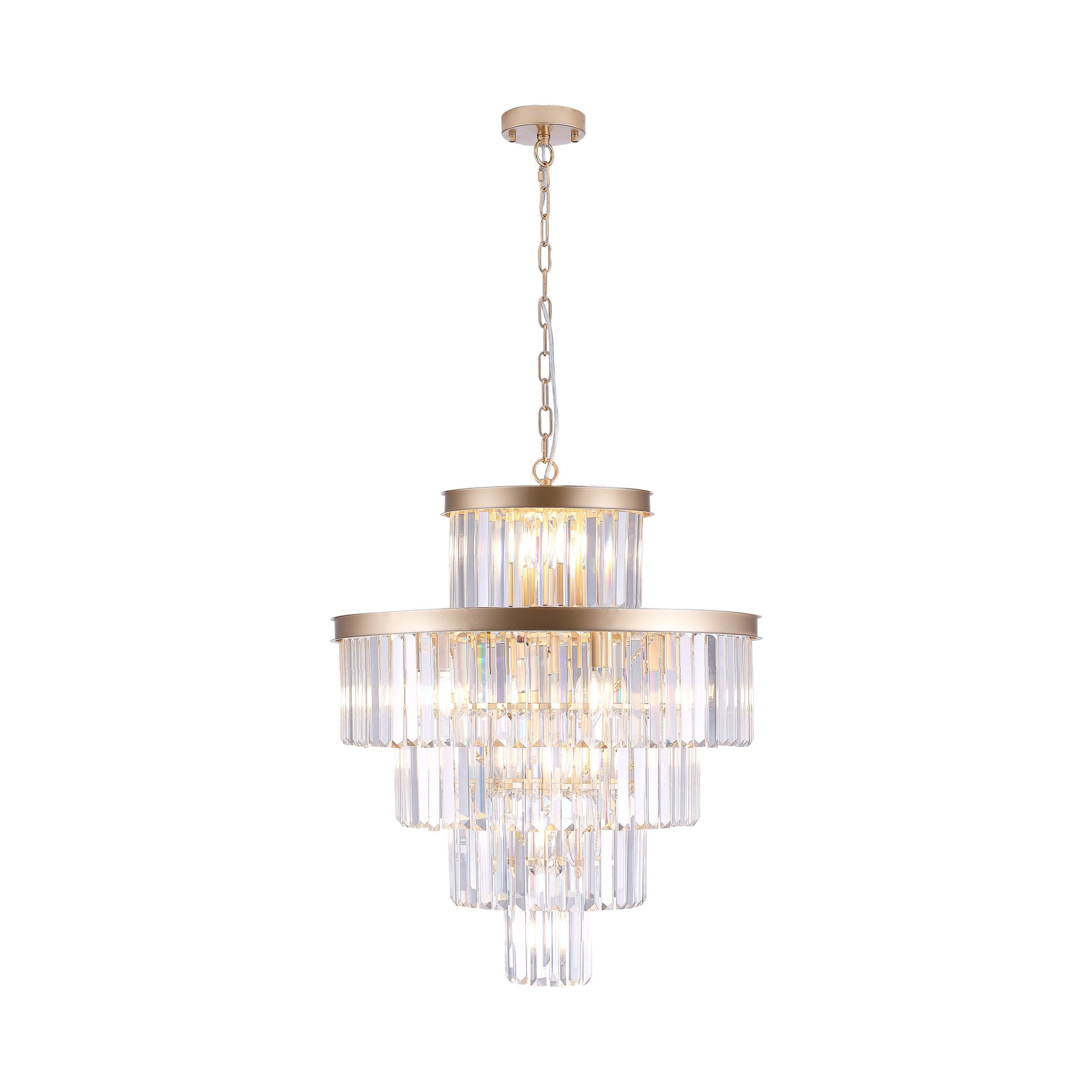 Gilded metal twotier chandelier with clear crystal rods and elegant chain suspension
