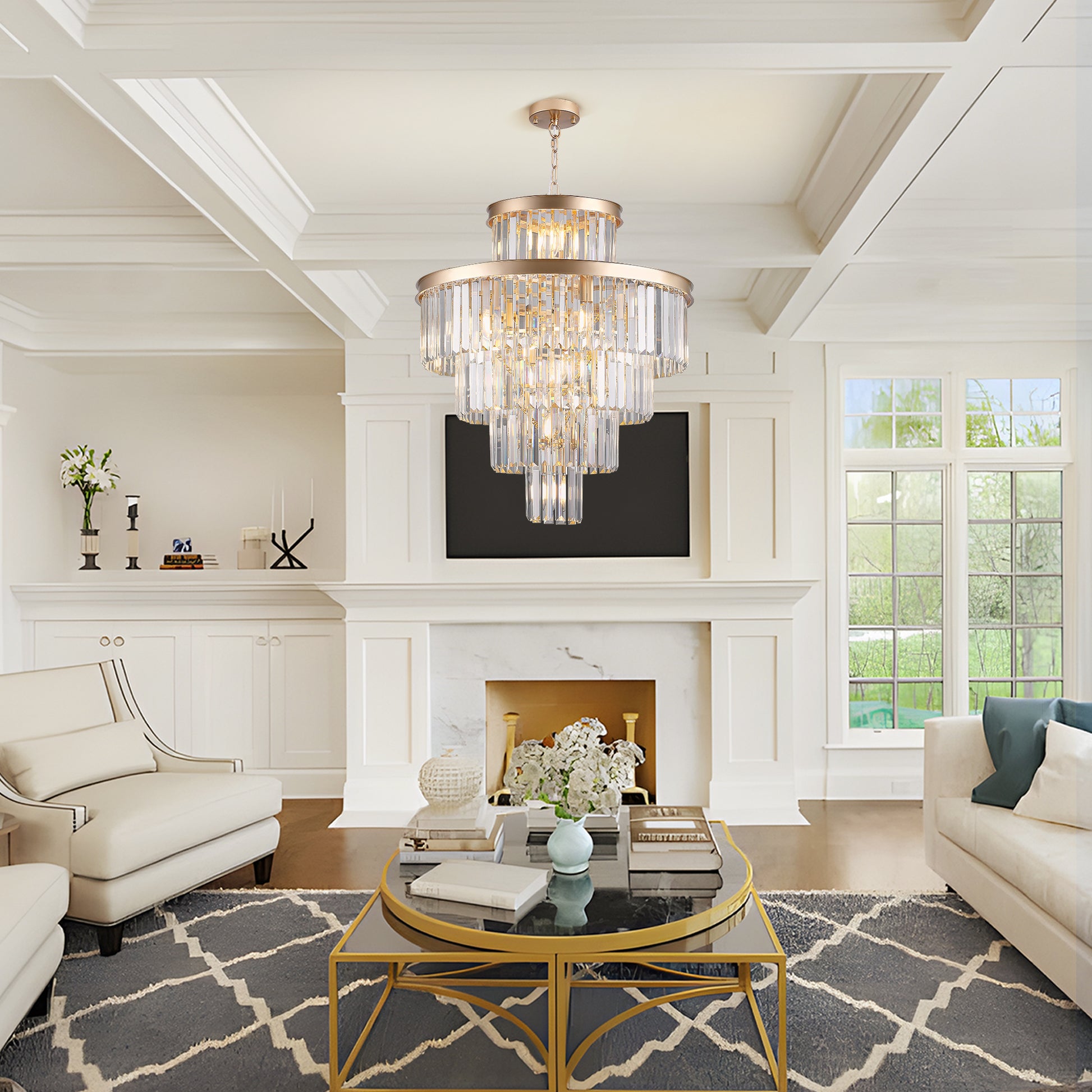 Gilded multitier crystal chandelier with clear glass rods casting warm light in a modern living room