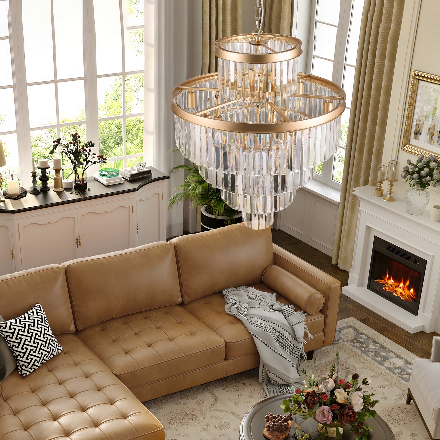 Elegant gold and crystal tiered chandelier with cascading prisms casting light