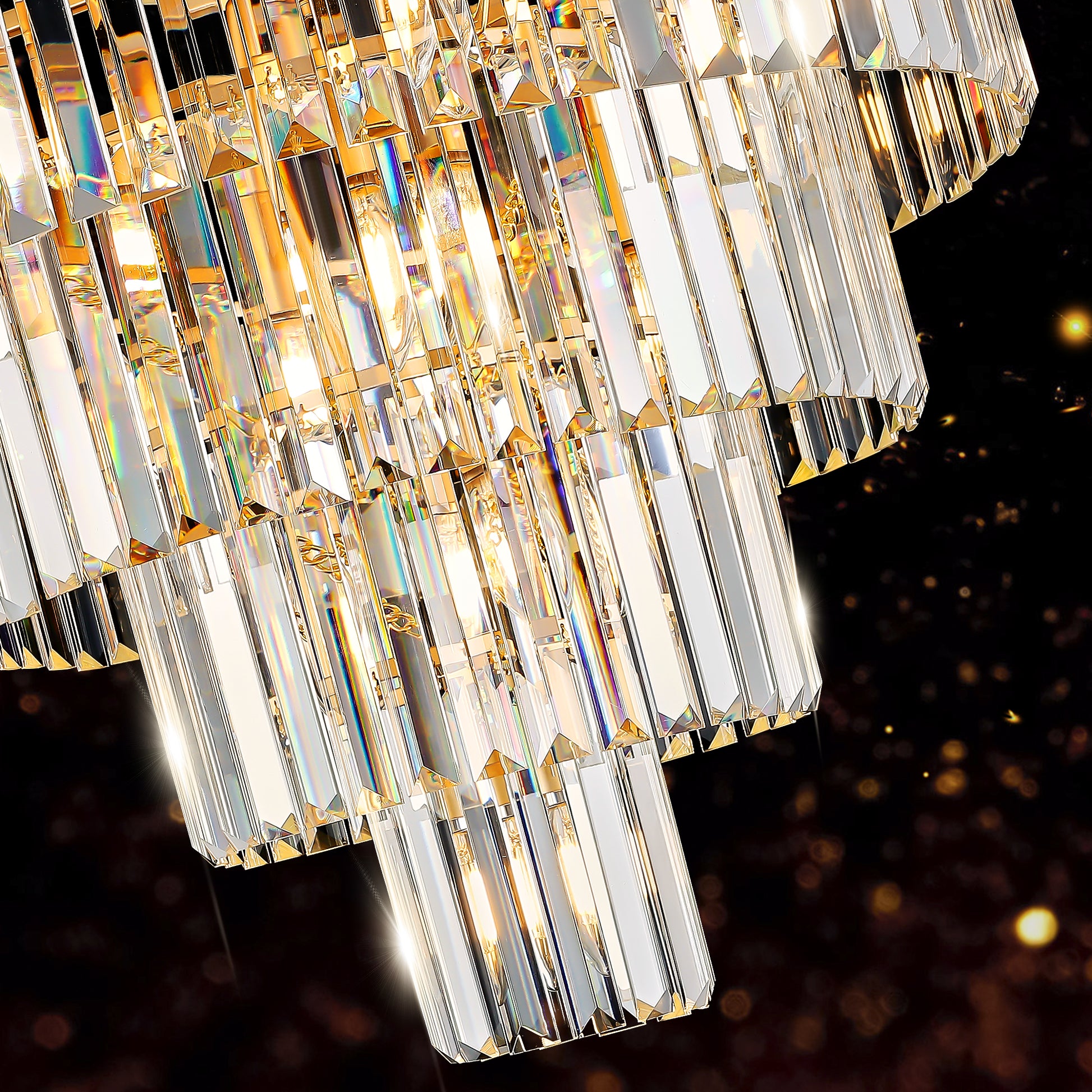 Elongated crystal chandelier with tiered design and warm LED lighting