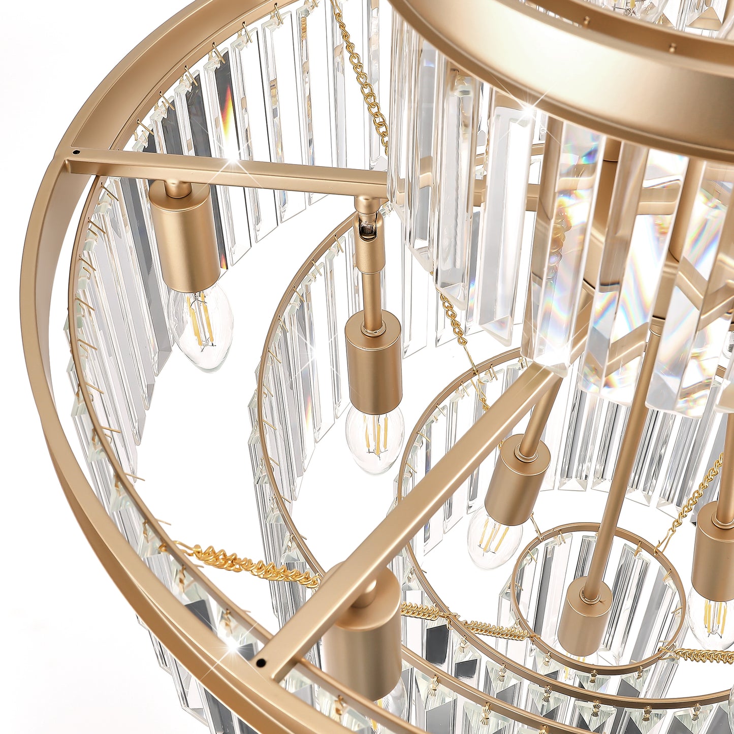 Gold modern chandelier with cascading crystal accents and visible filament bulbs for elegant lighting
