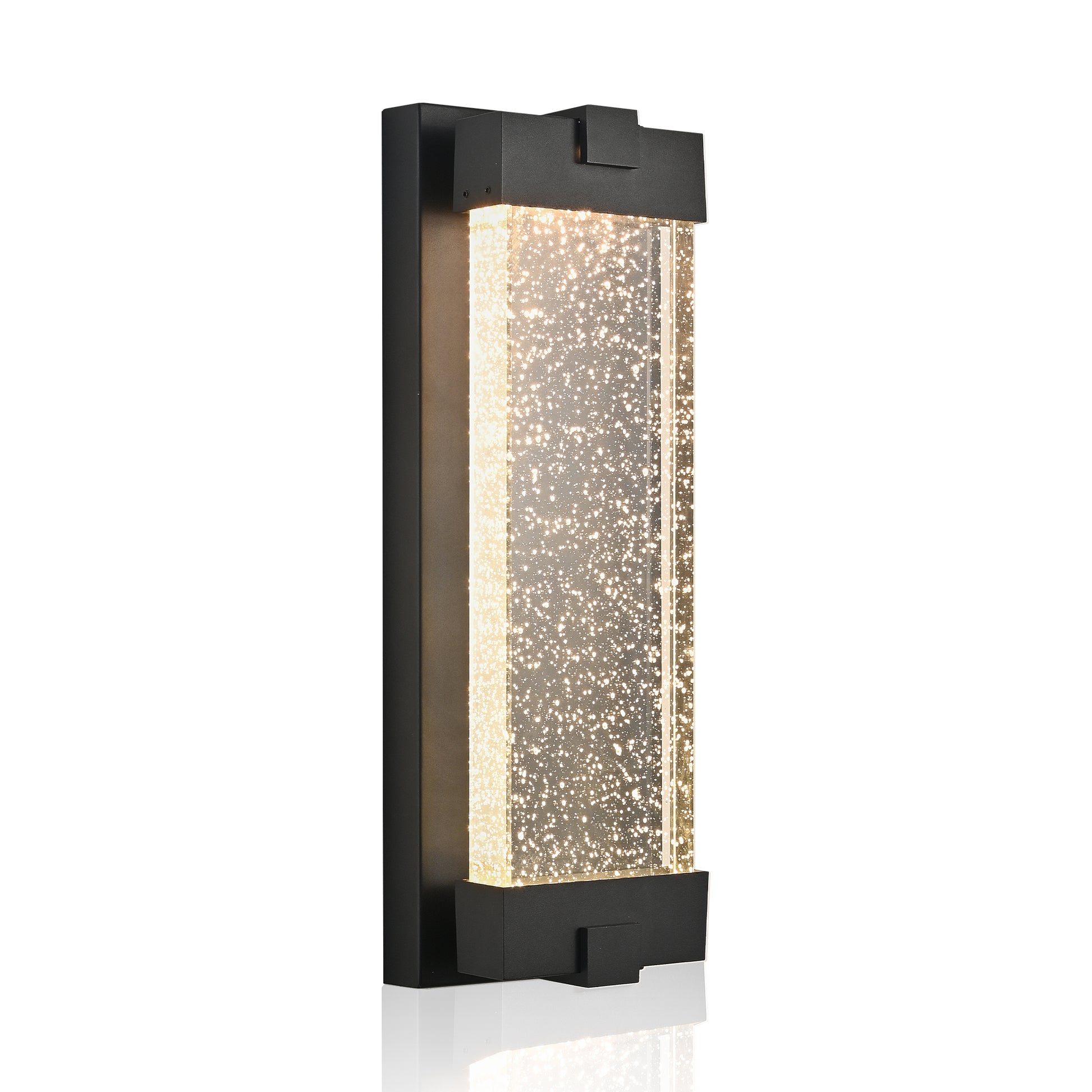 Modern black outdoor wall light with clear bubble glass cylinder and warm LED glow