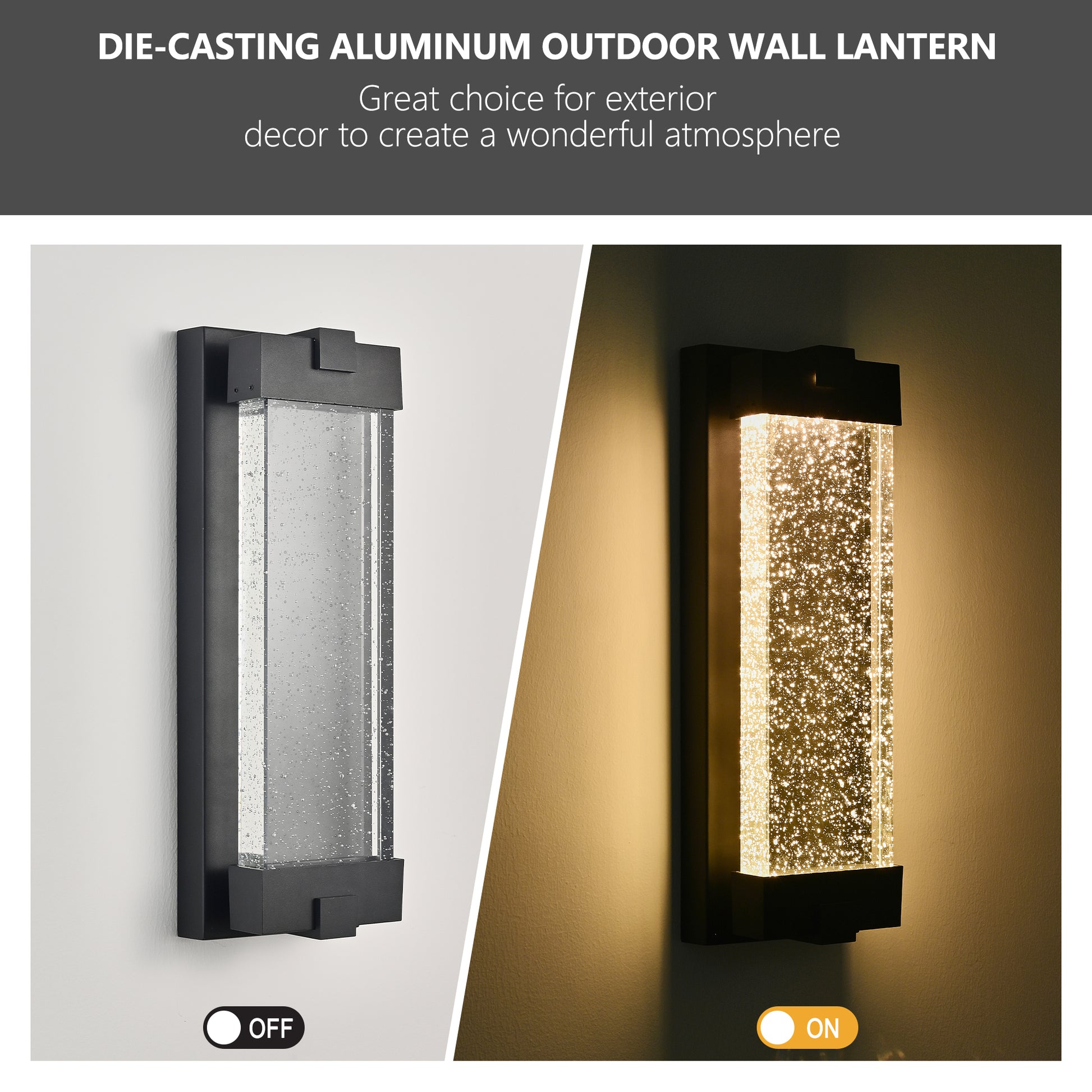 Modern black aluminum outdoor wall lantern with bubble glass insert adds elegant exterior lighting