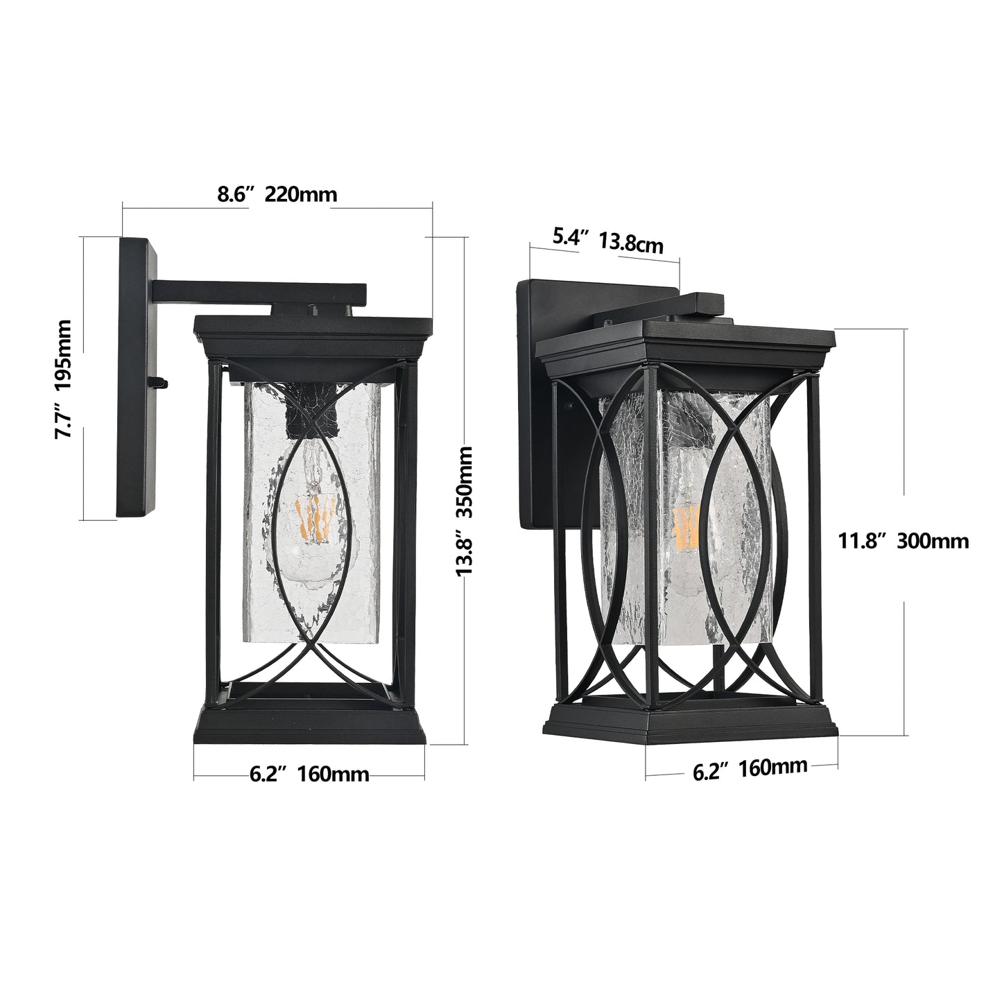 Black outdoor wall light with seeded glass and decorative metal scroll work