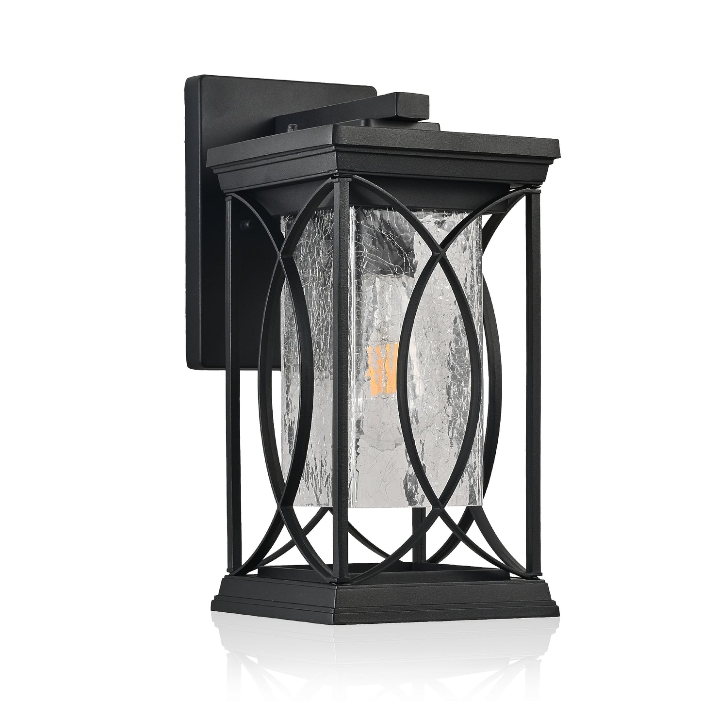 Black metal outdoor wall lantern with textured glass and decorative cage design