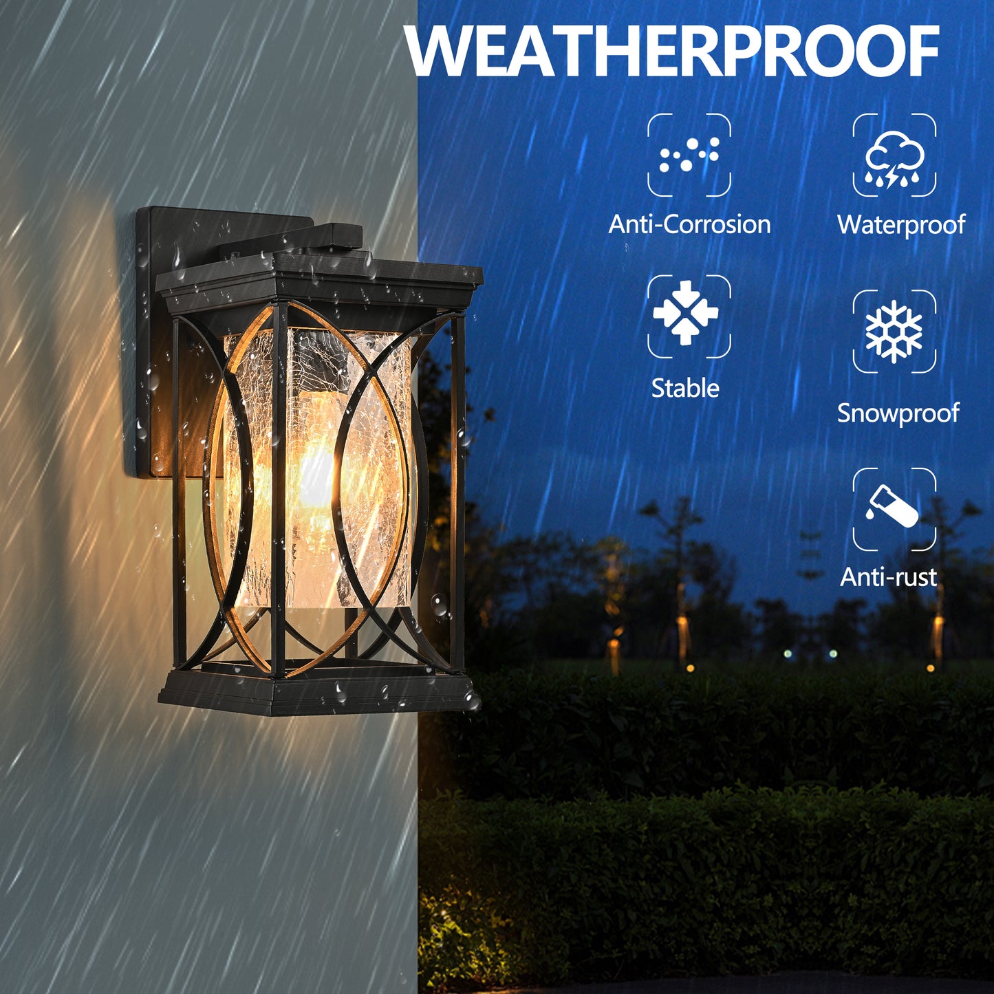 Black metal outdoor wall lantern with textured glass and warm bulb light