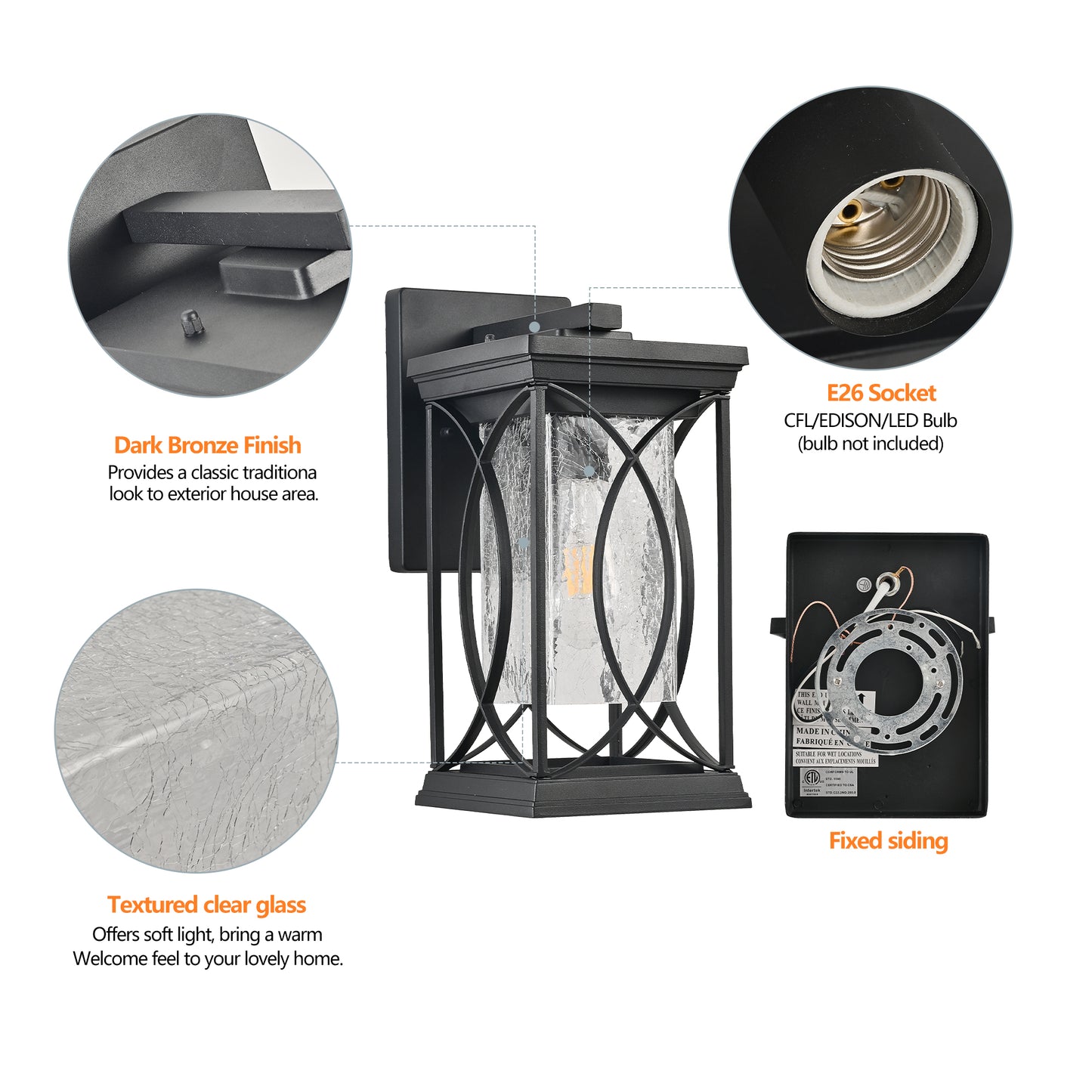 Dark bronze finish exterior wall light with textured clear glass lantern