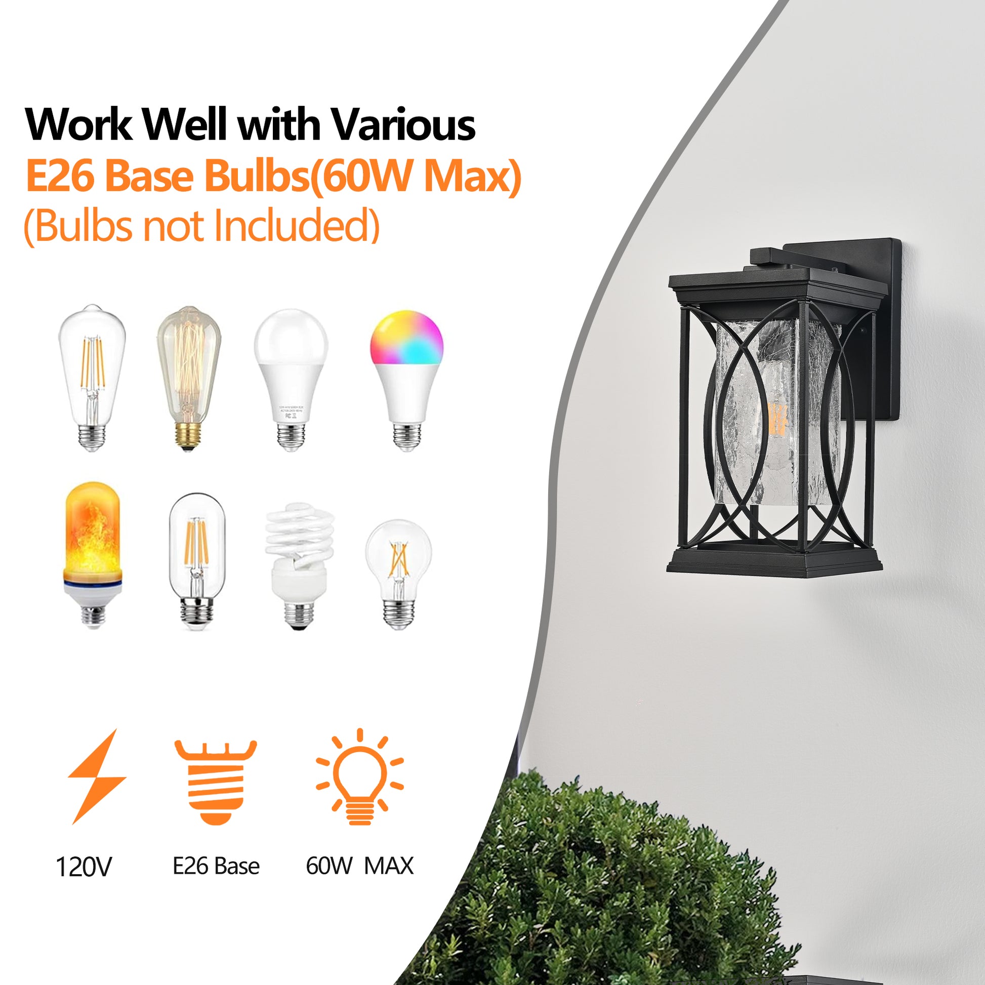 Black outdoor wall lantern with E base bulb compatibility