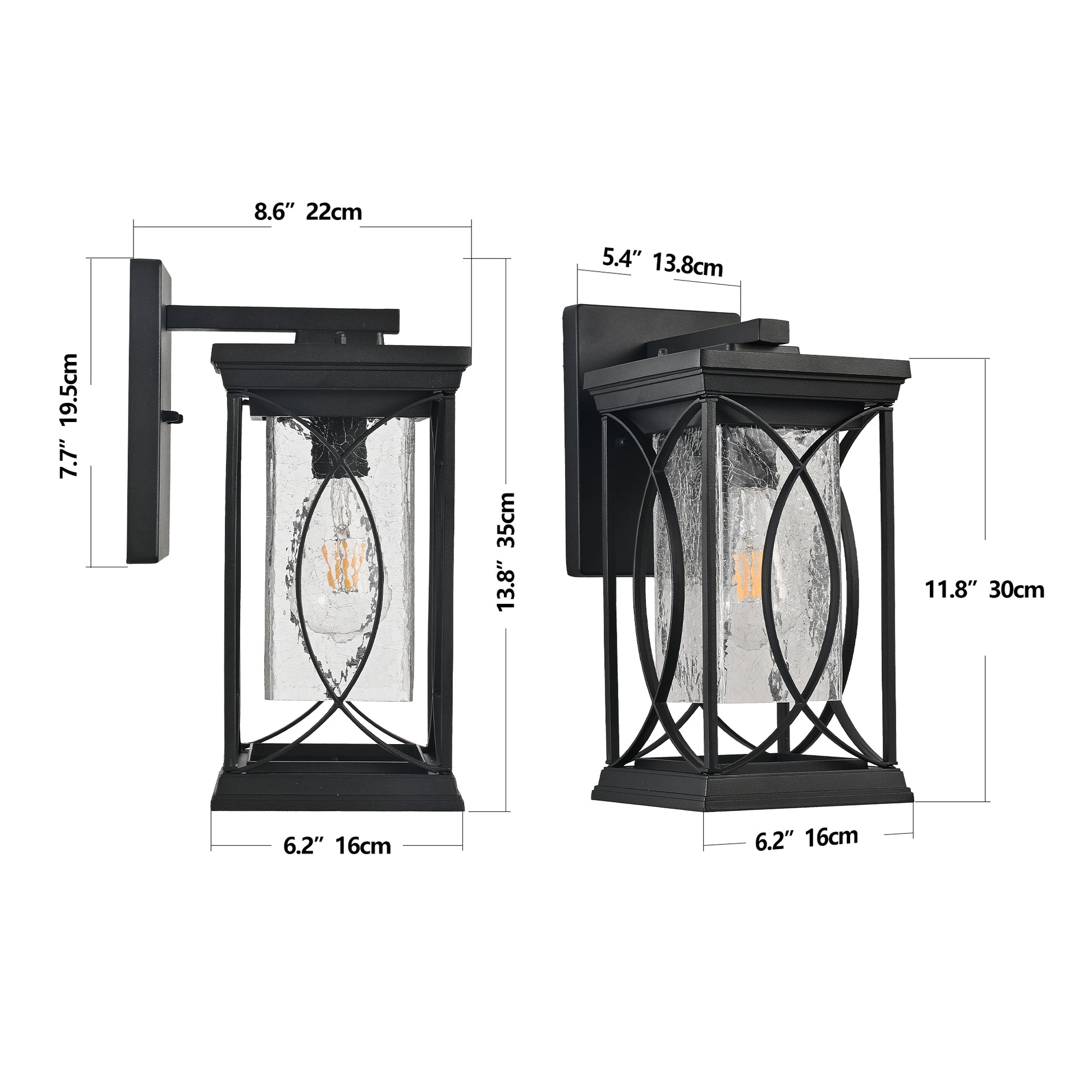 Black metal outdoor wall lantern with seeded glass and decorative scrollwork detail