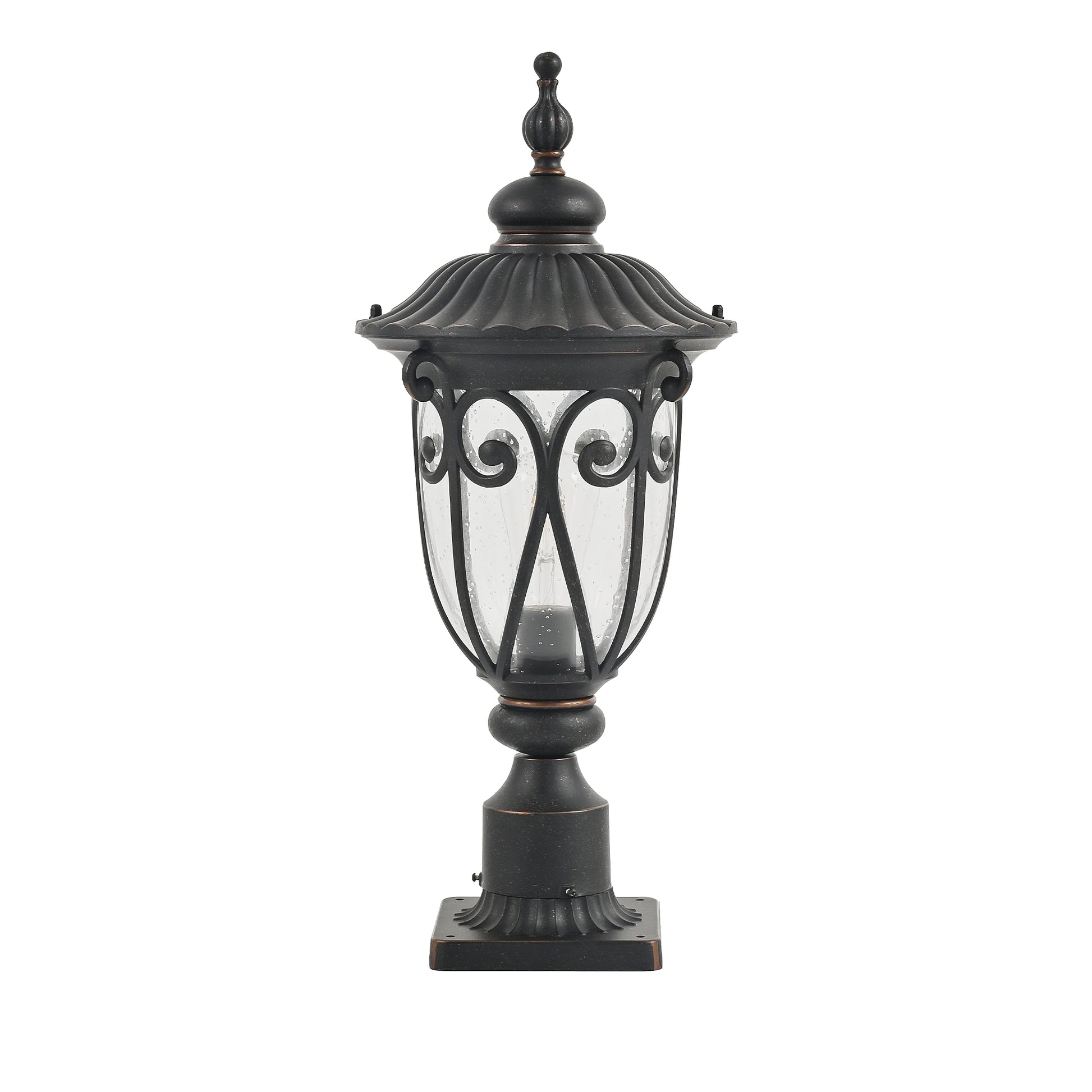 Ornate black post lantern with seeded glass and classic scrolled metalwork