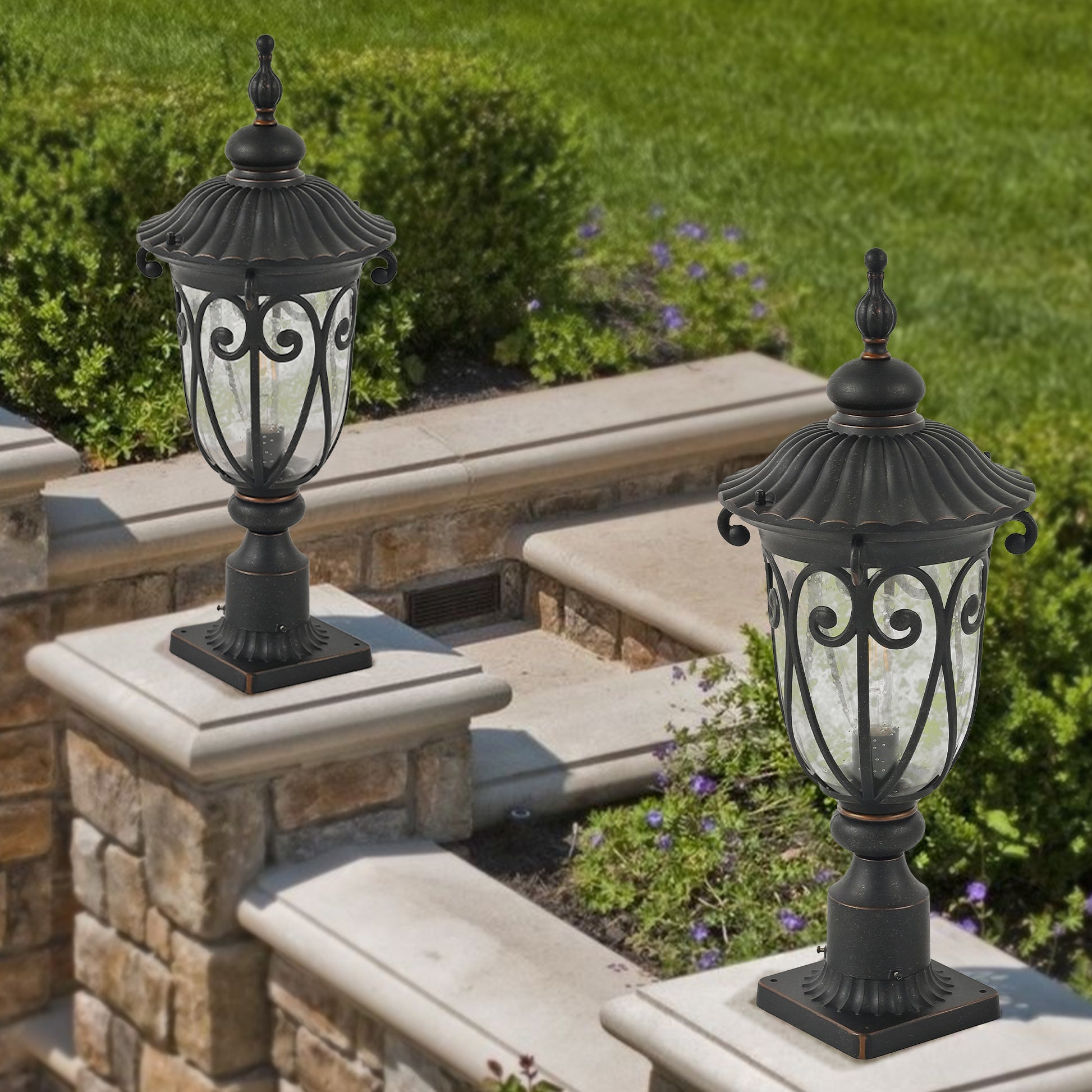 Black metal post lantern with ornate scrollwork and seeded glass for garden lighting