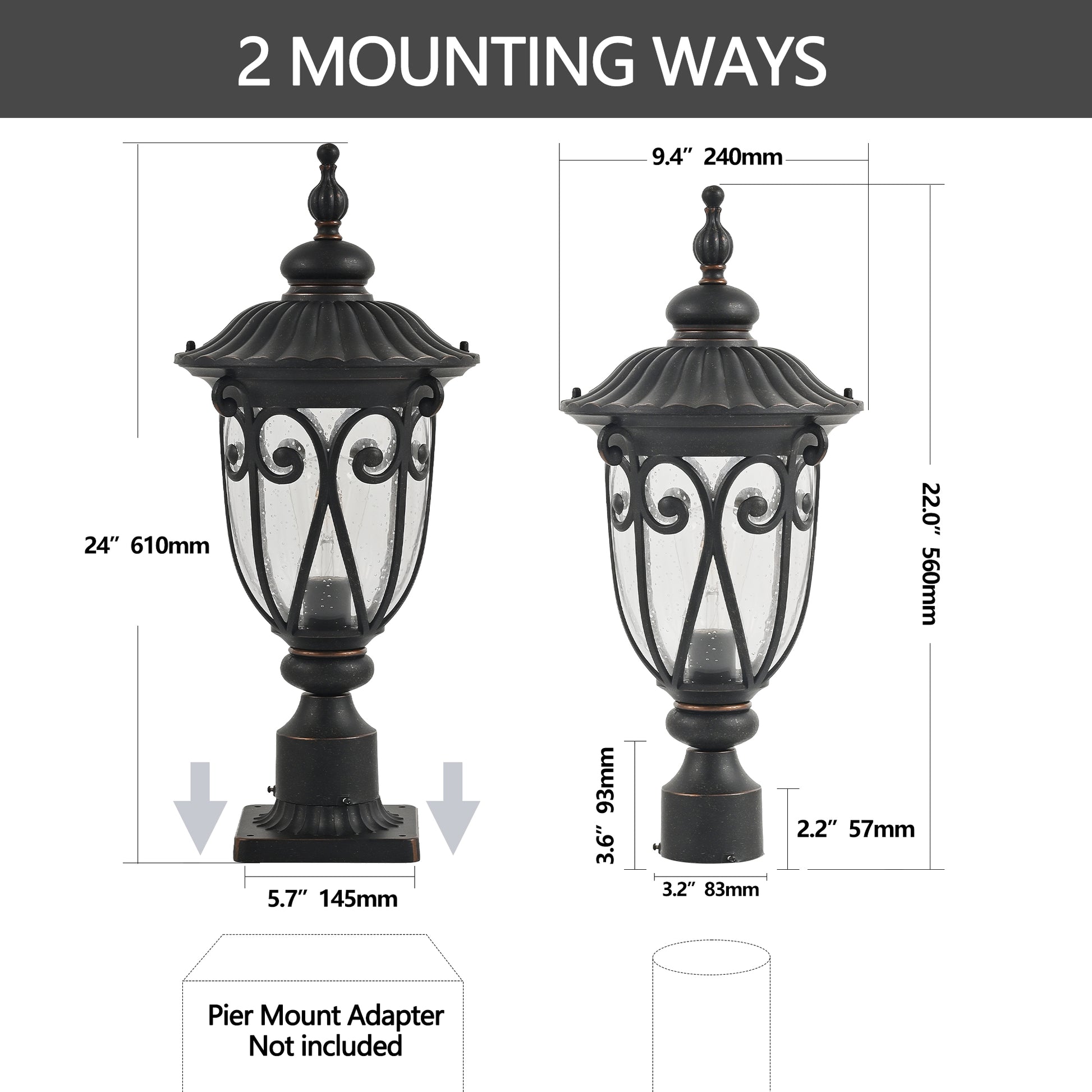 Classic black post lantern with seeded glass  height for outdoor lighting