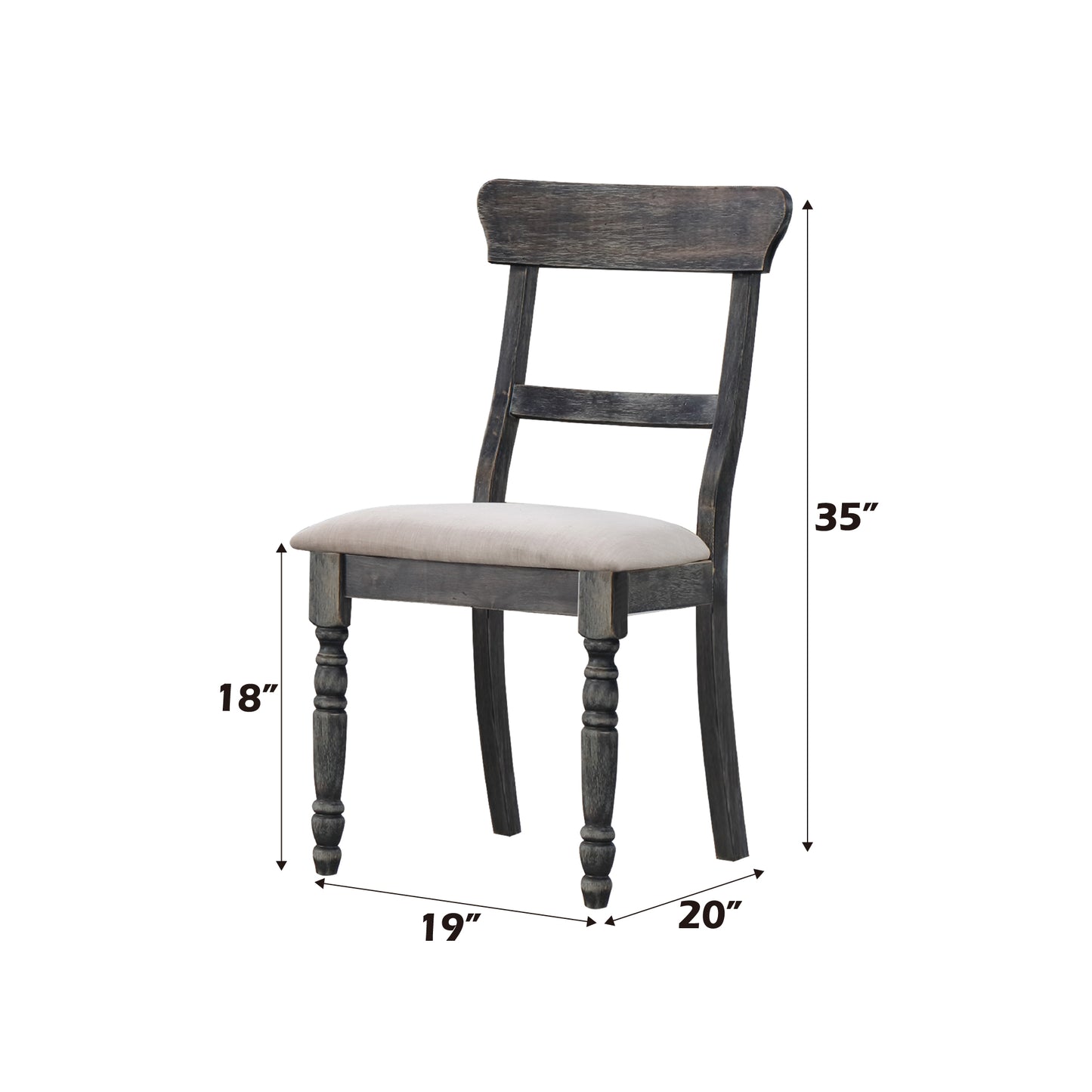 Rustic gray wooden dining chair with a light beige upholstered seat