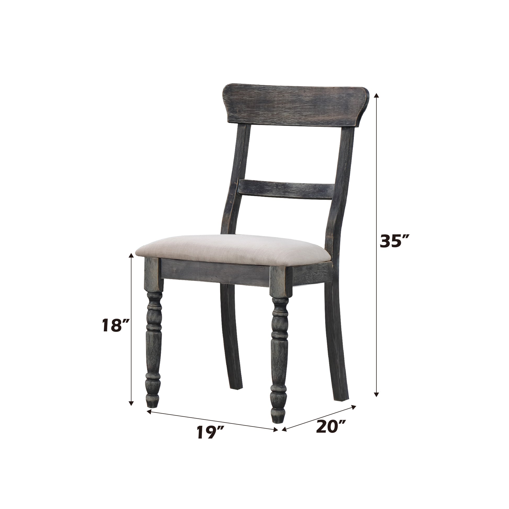 Rustic gray wooden dining chair with a light beige upholstered seat