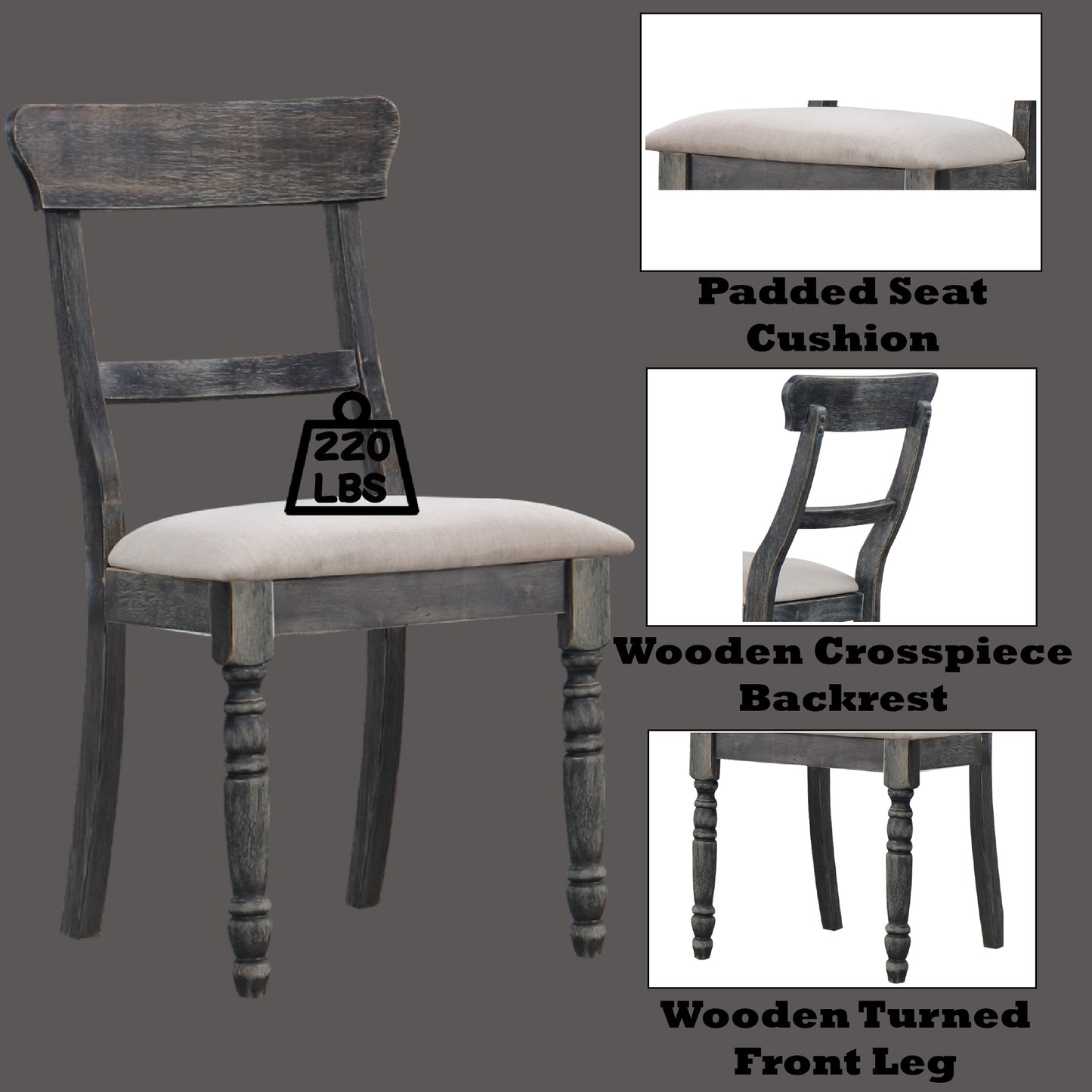 Rustic grey wooden chair with padded seat