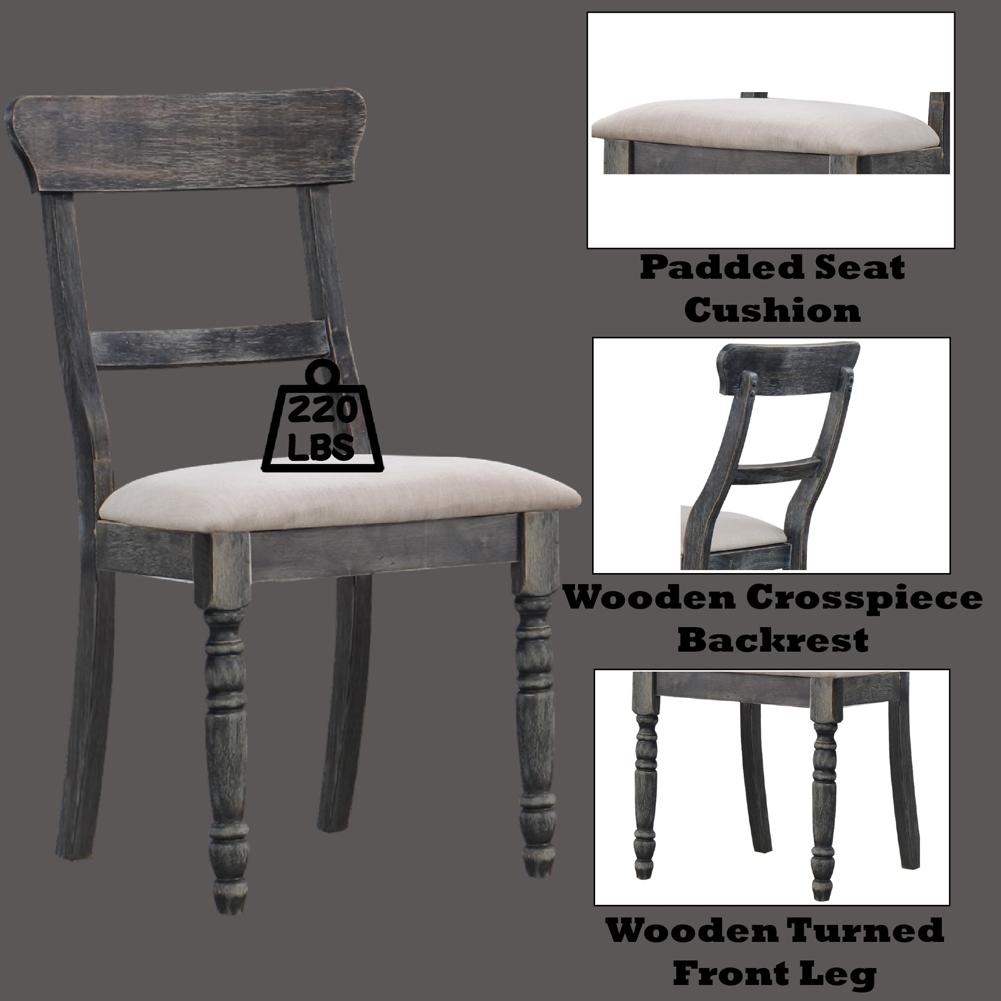 Rustic grey wooden chair with padded seat