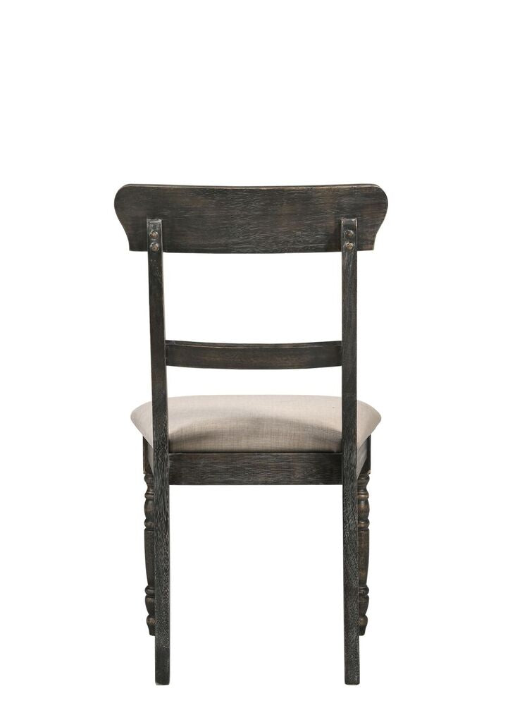 Rustic dark wood dining chair with beige upholstered seat