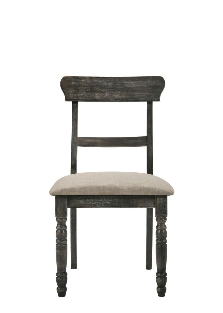 Rustic dark wood dining chair with a light beige upholstered seat