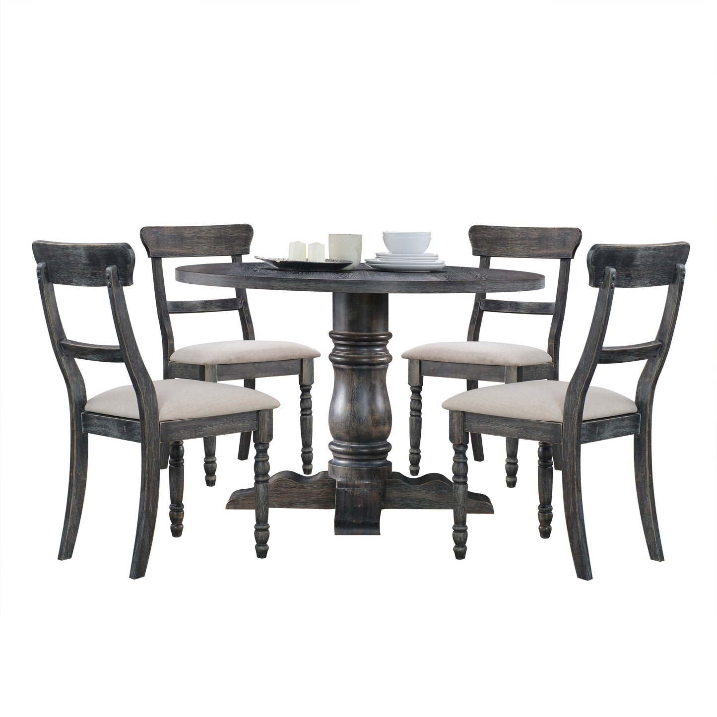 Rustic dark wood round dining table with four upholstered chairs