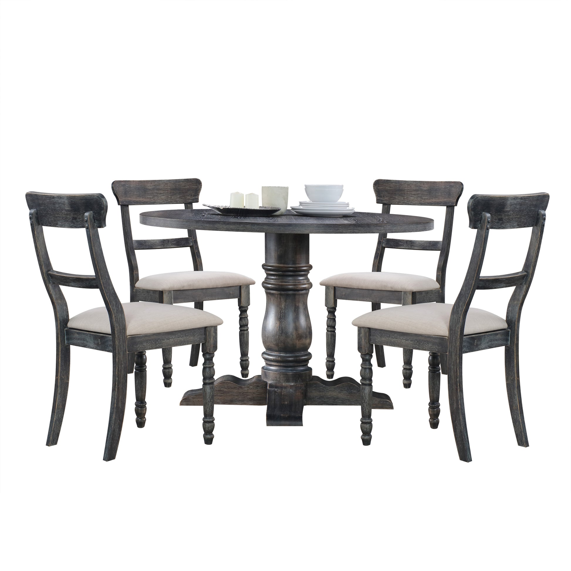 Rustic dark wood round dining table with four upholstered chairs