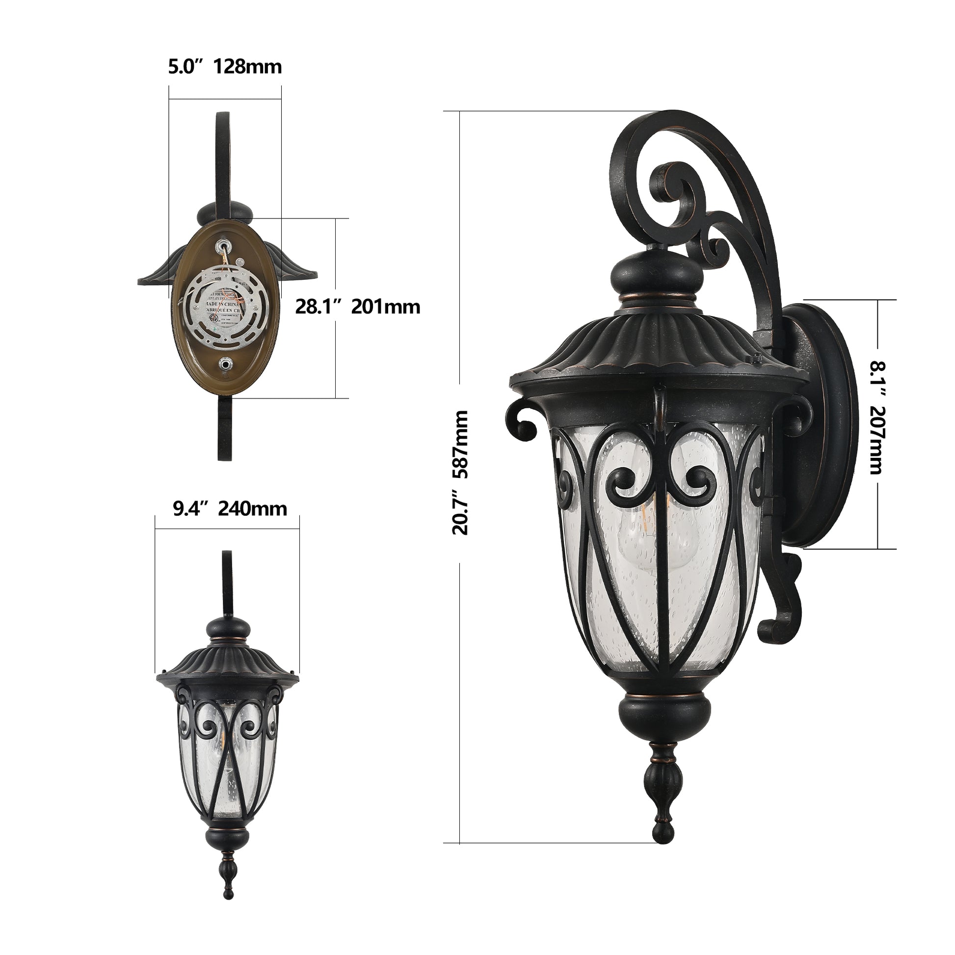 Traditional black outdoor wall light with seeded glass and ornate scrollwork accents