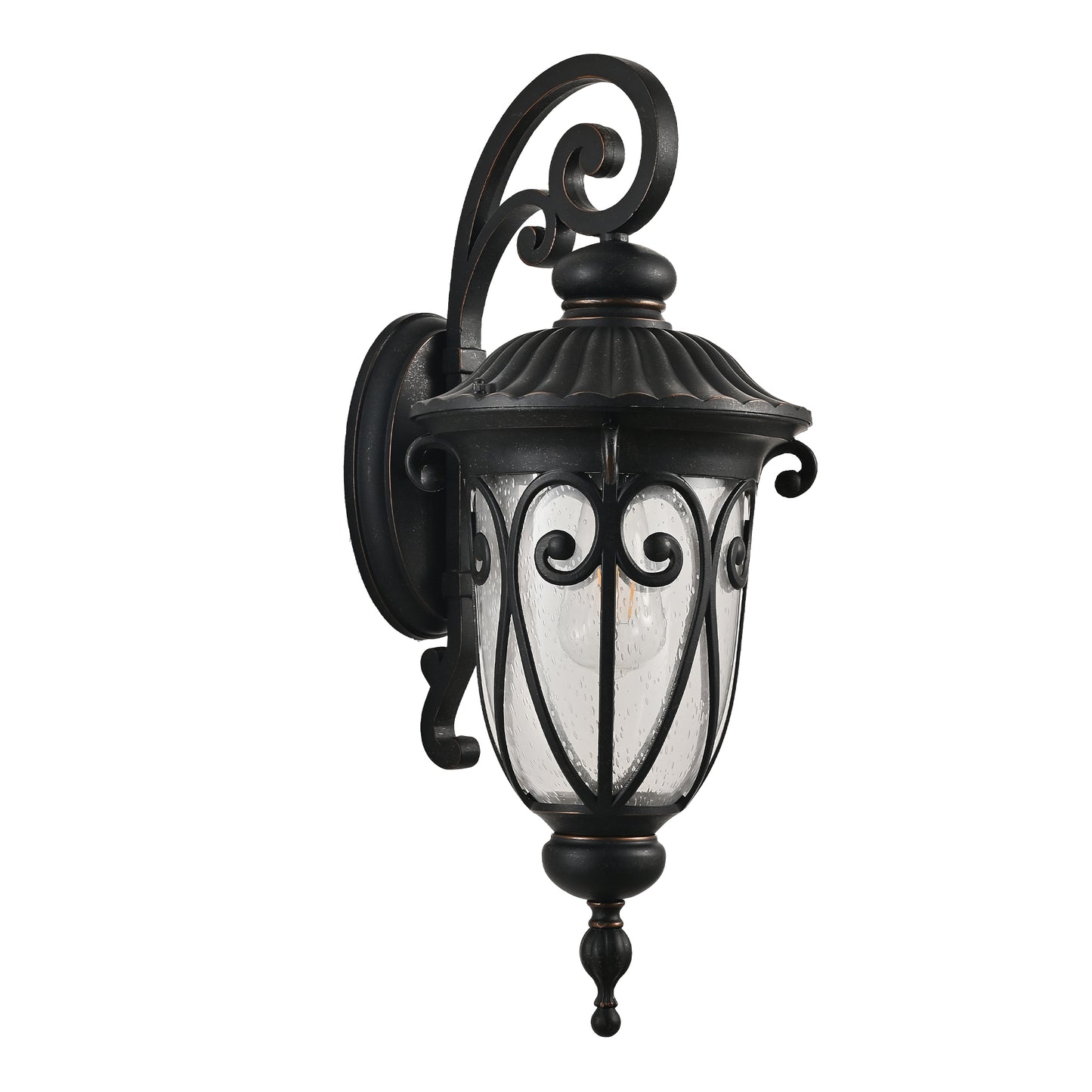 Ornate black outdoor wall lantern with seeded glass and bronze accents