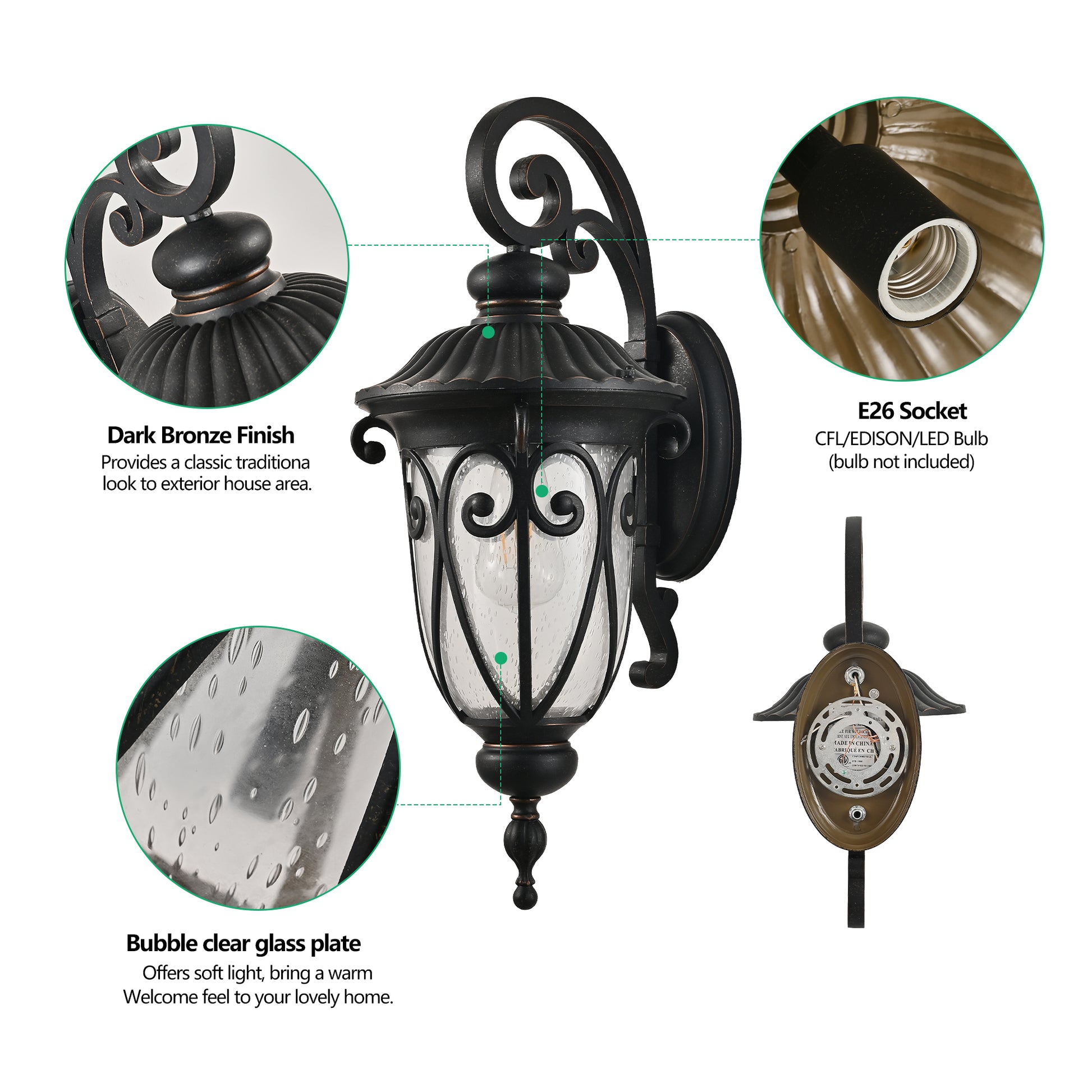 Dark bronze outdoor wall lantern with bubble clear glass and ornate scrollwork