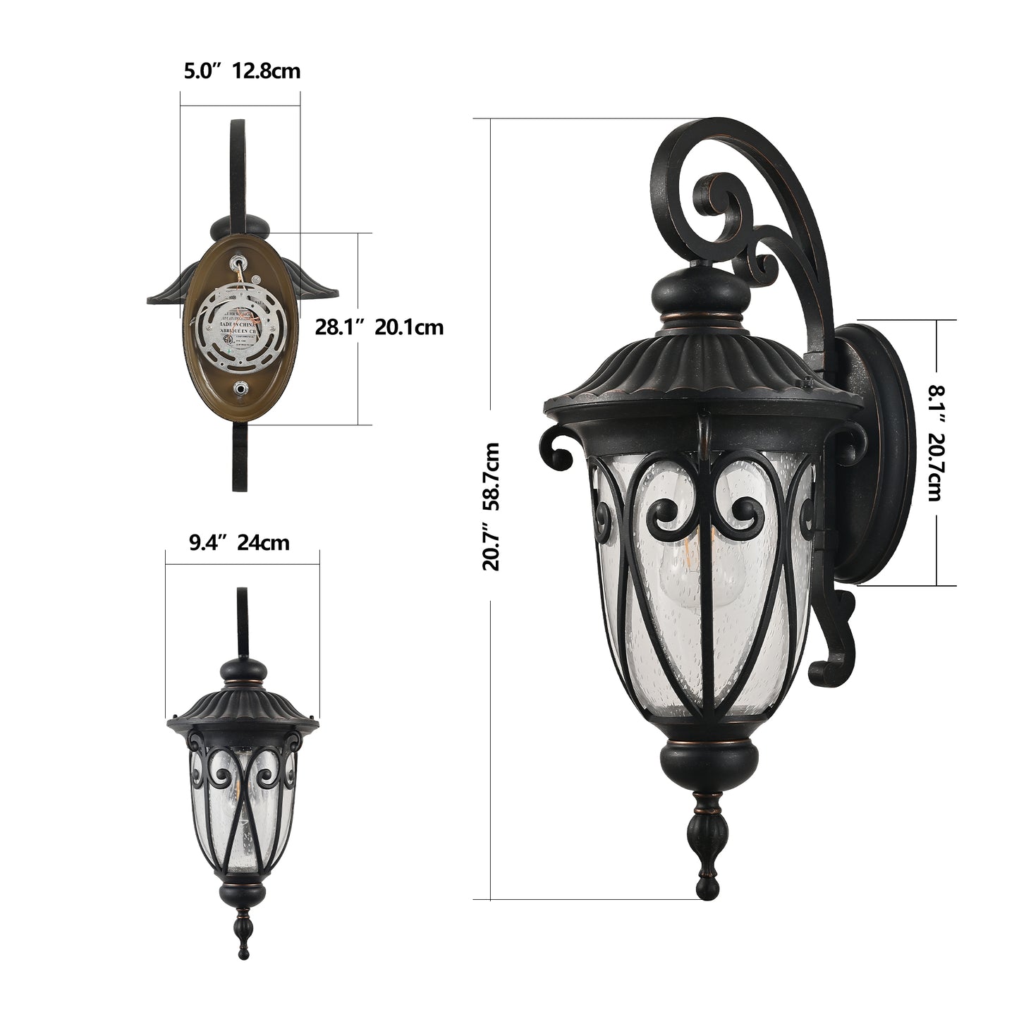 Black metal outdoor wall lantern with seeded glass and ornate scrollwork ideal for porch lighting