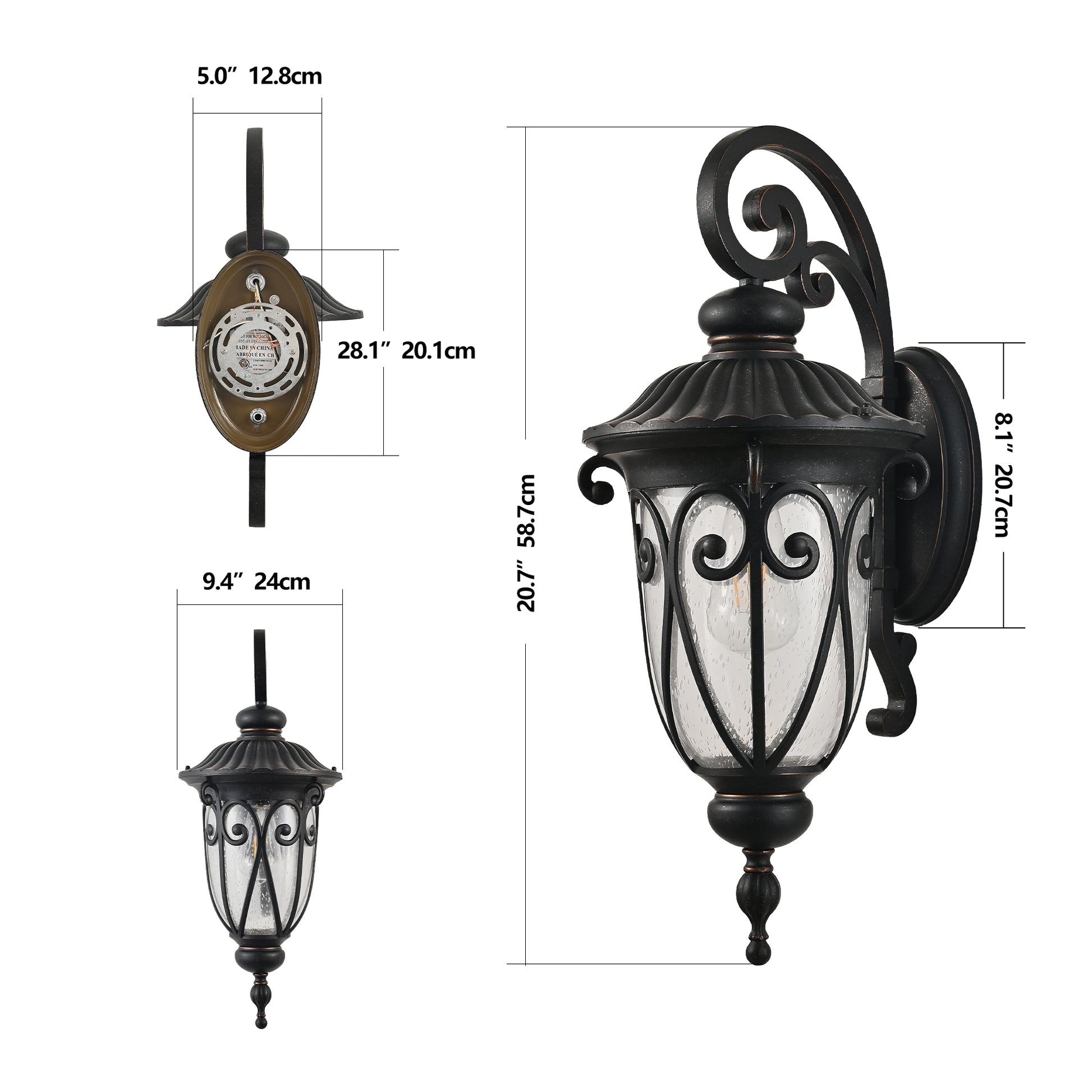 Black metal outdoor wall lantern with seeded glass and ornate scrollwork ideal for porch lighting