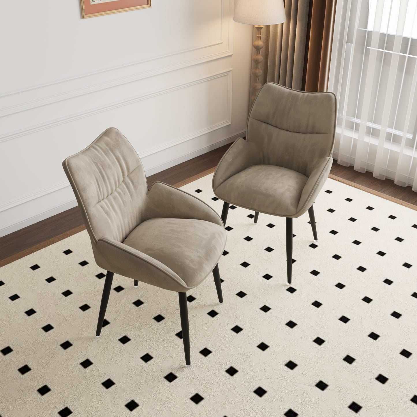 Taupe fabric accent chair with tufted back and black tapered legs