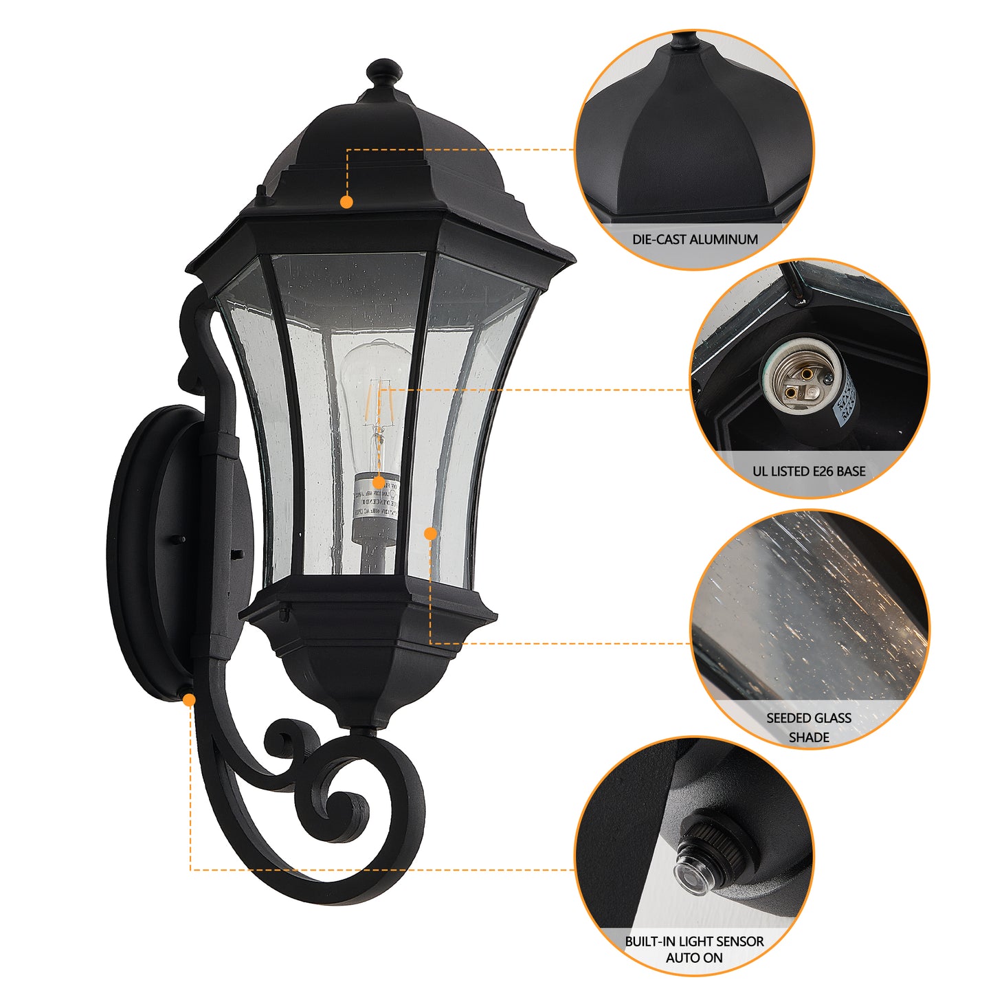 Black diecast aluminum outdoor wall lantern with seeded glass and builtin light sensor