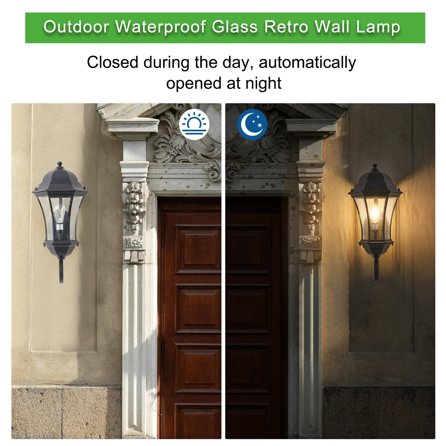Black glass retro outdoor wall lamp with clear pane and exposed bulb