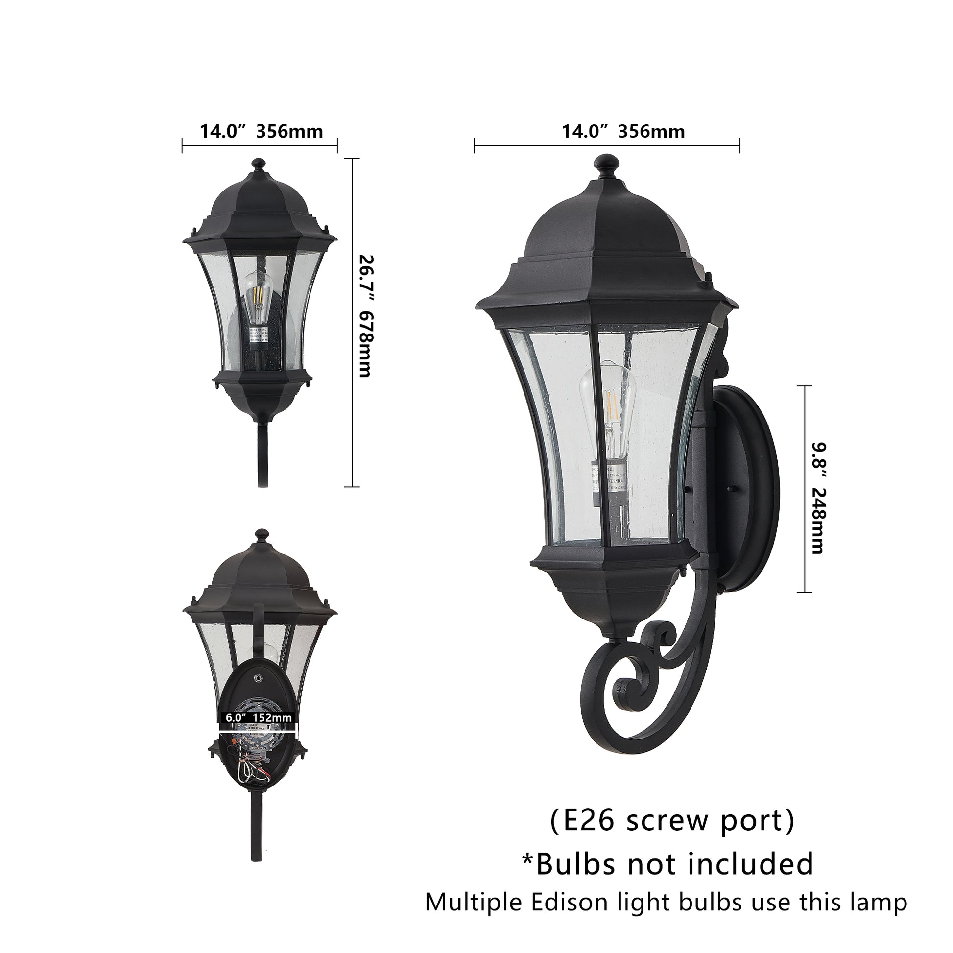 Black traditional outdoor wall lantern with seeded glass and decorative scroll