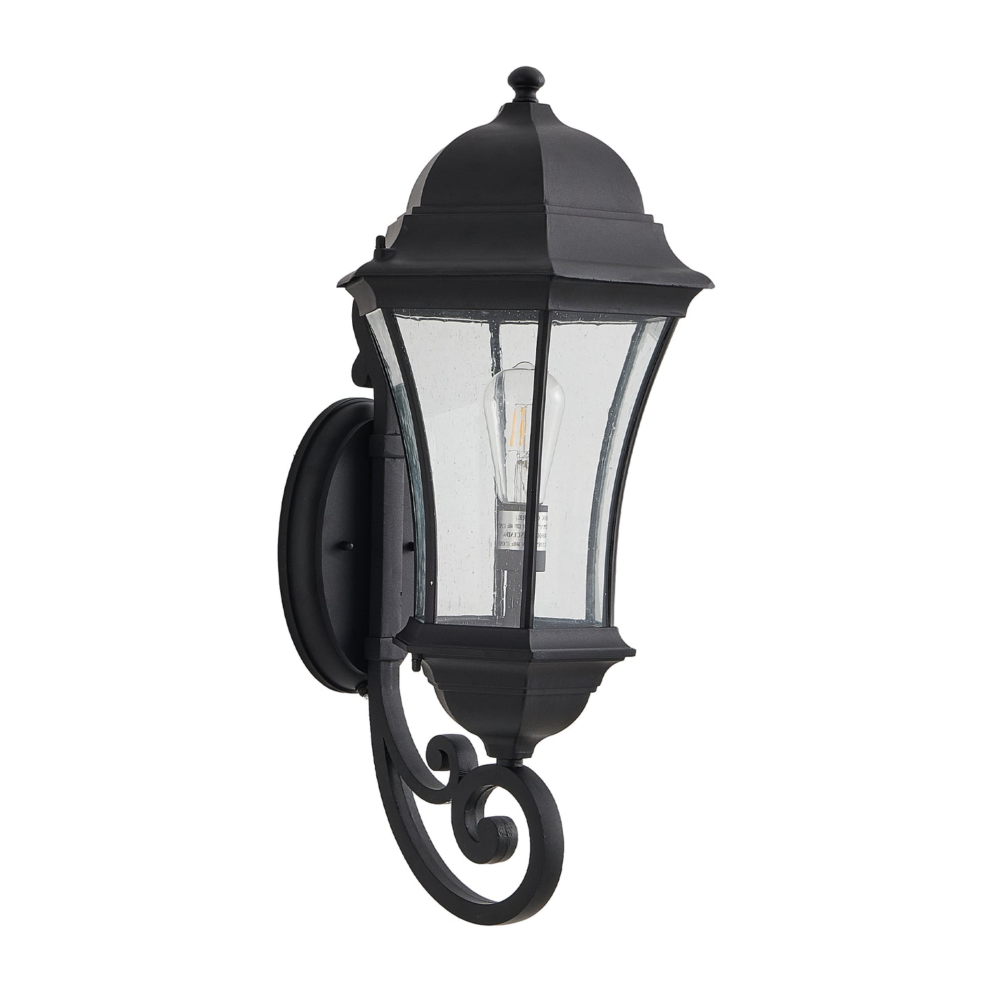 Black metal outdoor lantern with clear seeded glass and ornate scroll arm