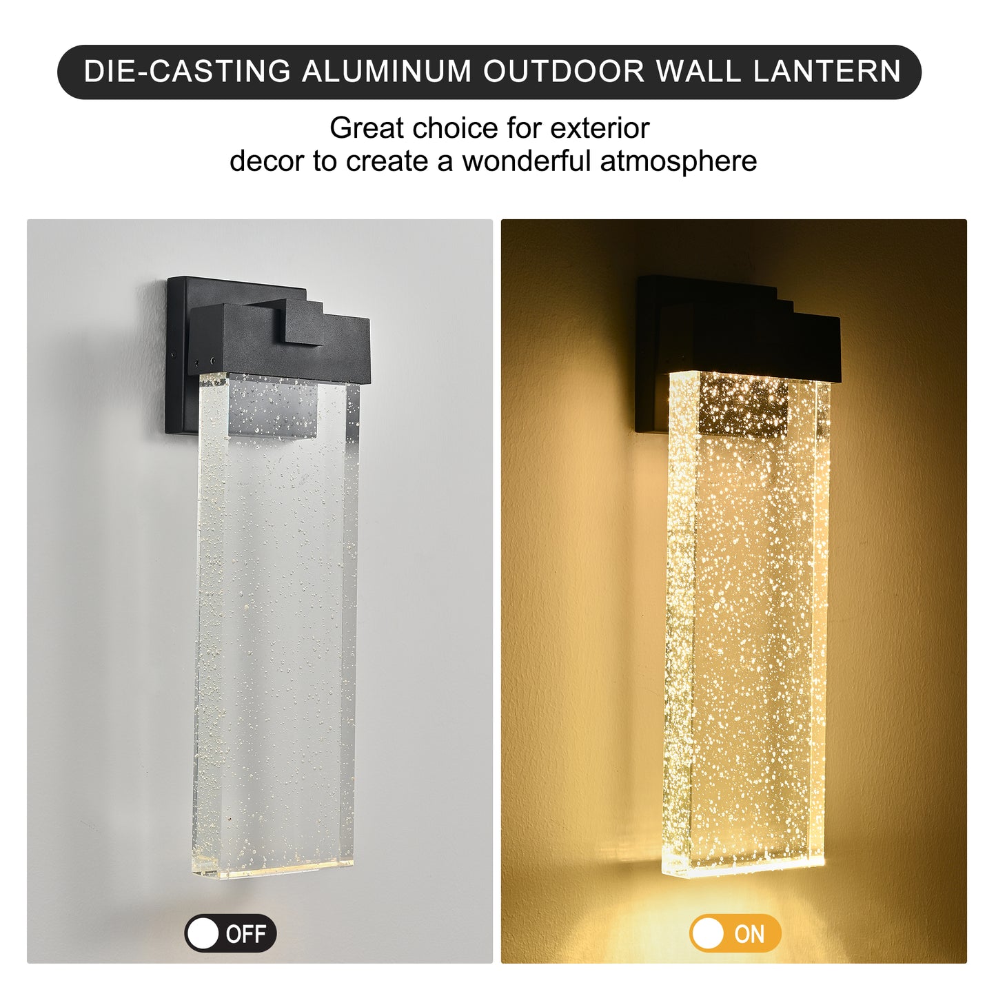 Modern black aluminum outdoor wall lantern with clear seeded glass cylinder cast aluminum mount