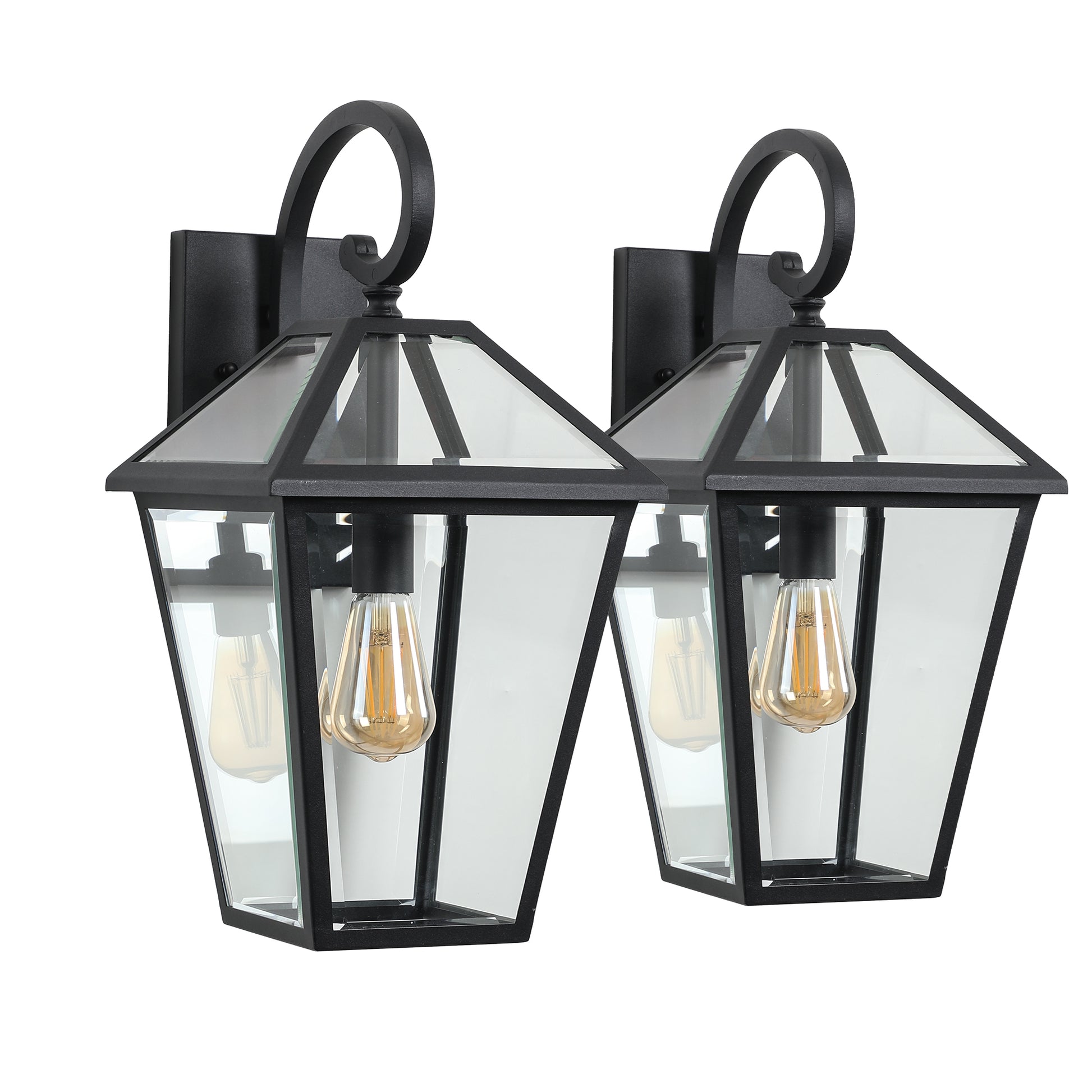 Pair of black metal outdoor wall lanterns with clear glass panes and Edison bulbs