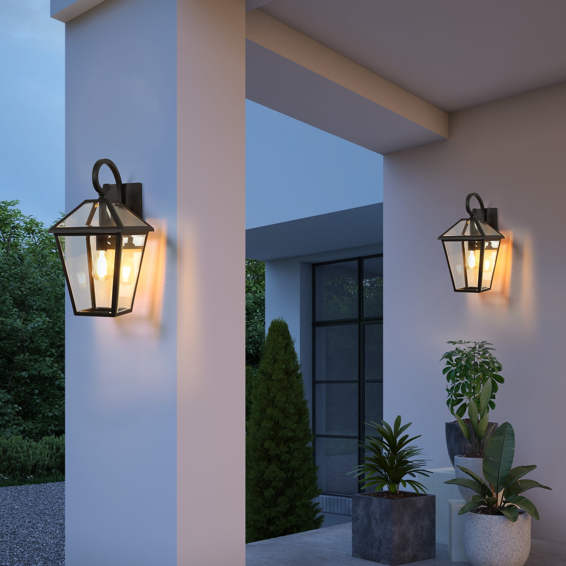 Black metal lanternstyle outdoor wall light with clear glass panels and Edison bulb