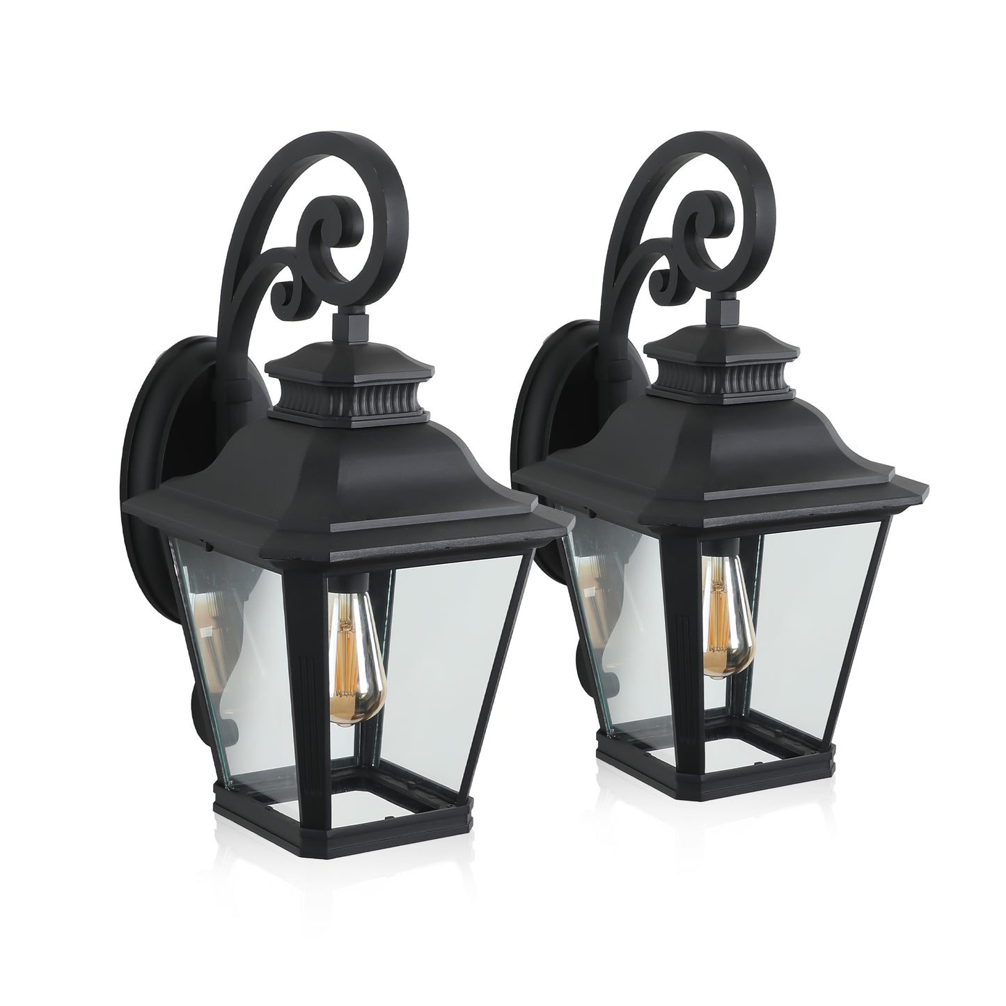 Pair of black vintagestyle outdoor wall sconces with glass panels and Edison bulbs
