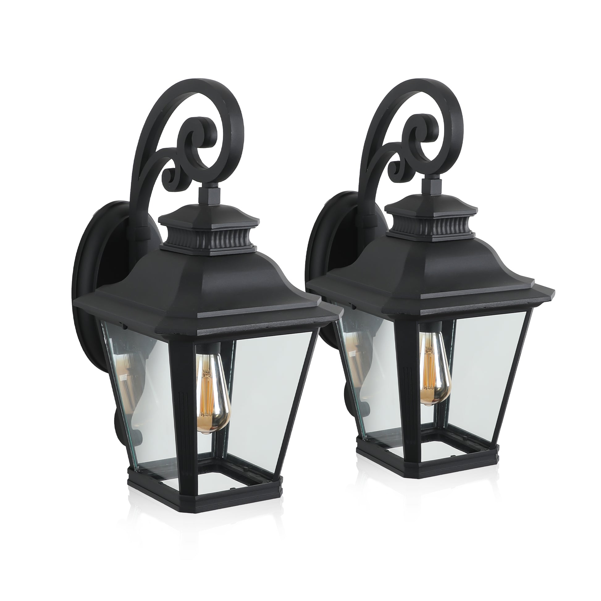 Pair of black vintagestyle outdoor wall sconces with glass panels and Edison bulbs
