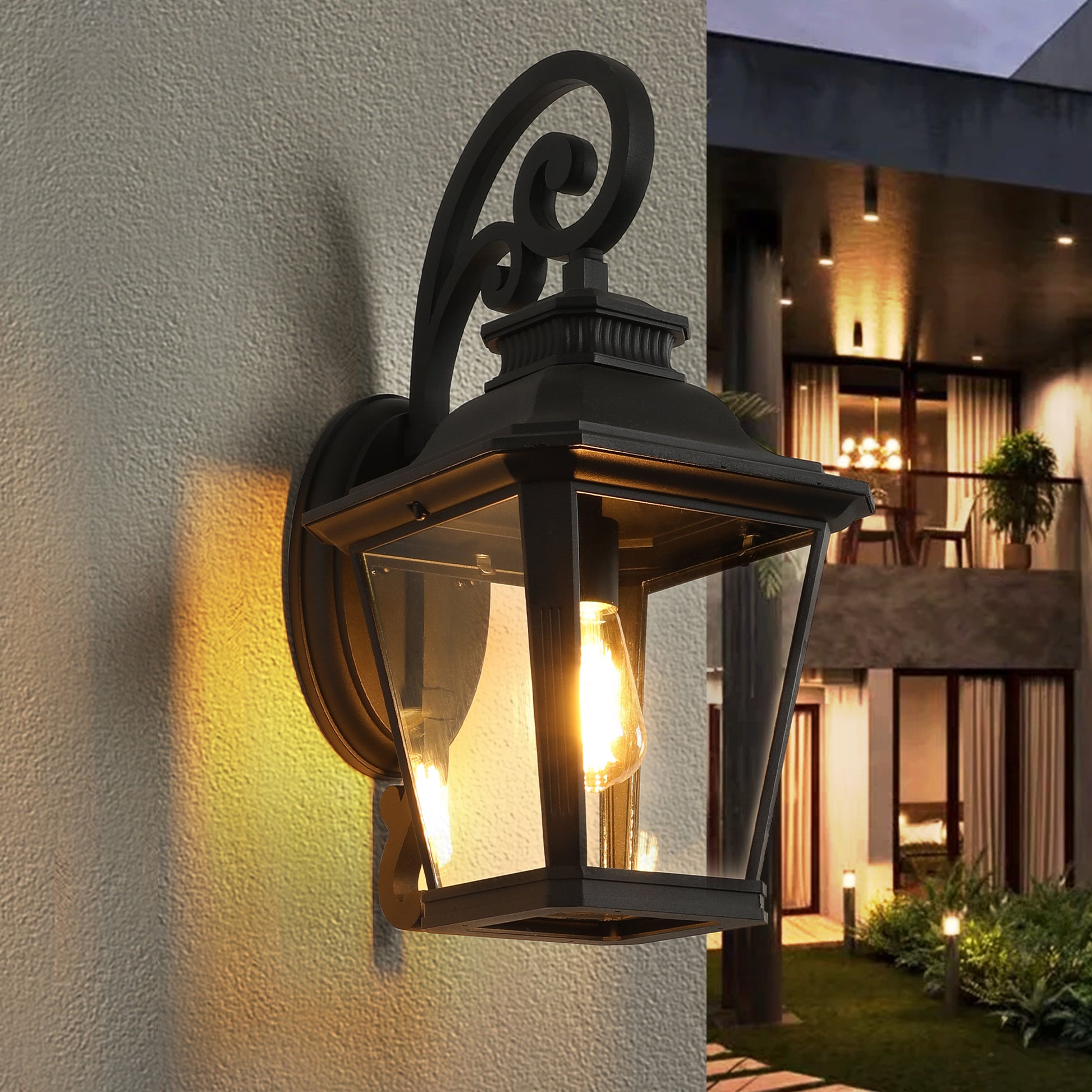 Black ornate wrought iron outdoor lantern with glass panels providing elegant entryway lighting