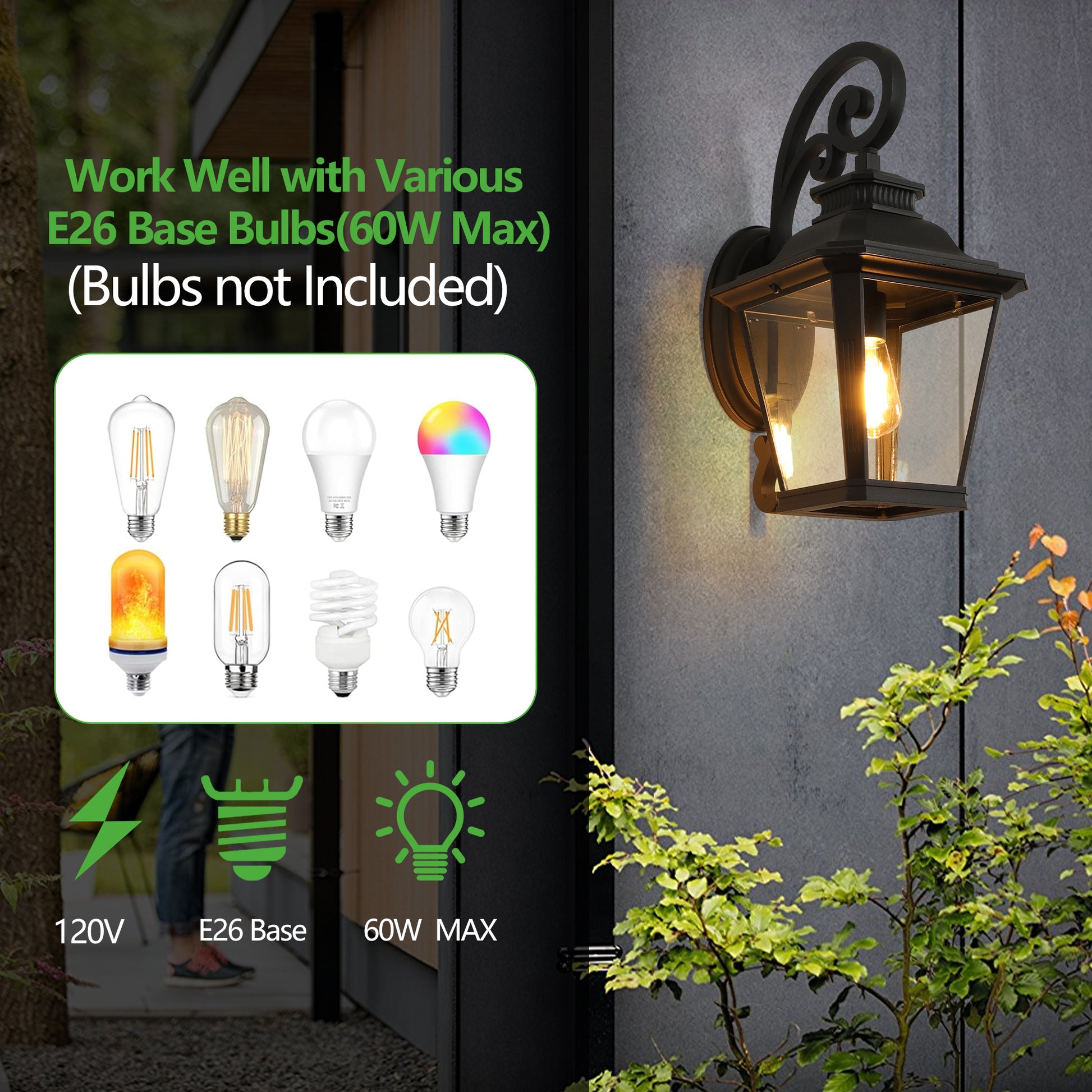 Classic black outdoor lantern with clear glass panels and an illuminated E bulb